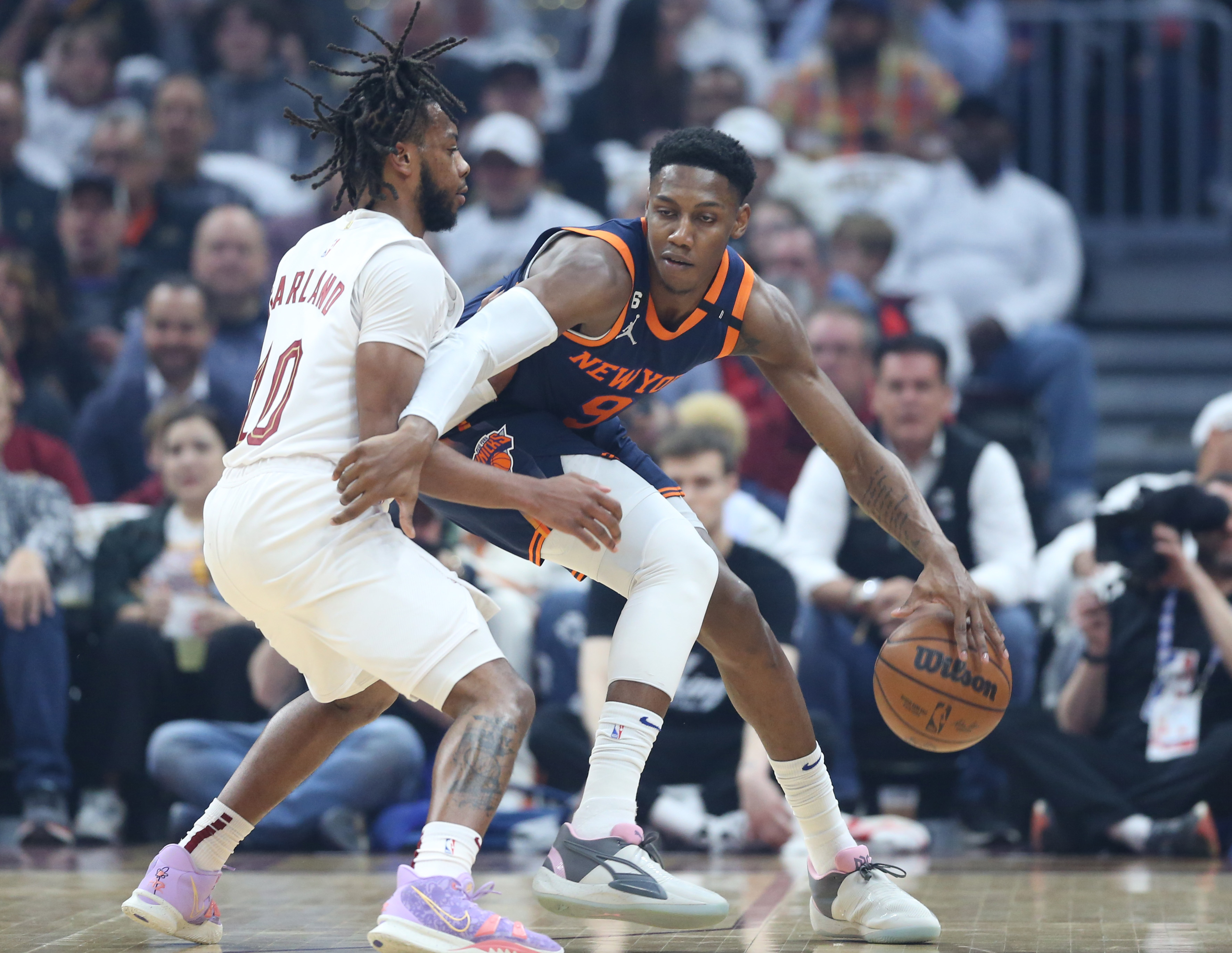 A detail of the shoes of New York Knicks forward Obi Toppin (1) during the  second half of game two of the 2023 NBA playoffs at Rocket Mortgage  FieldHouse.