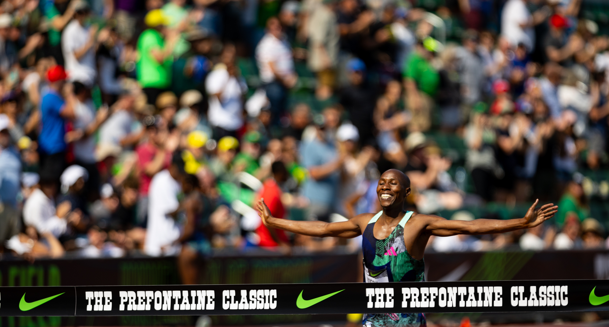 Simon Kiprop Koech of Kenya wins the men's steeplechase at the Prefontaine Classic track and field meet on Saturday, Sept. 16, 2023, at Hayward Field in Eugene.