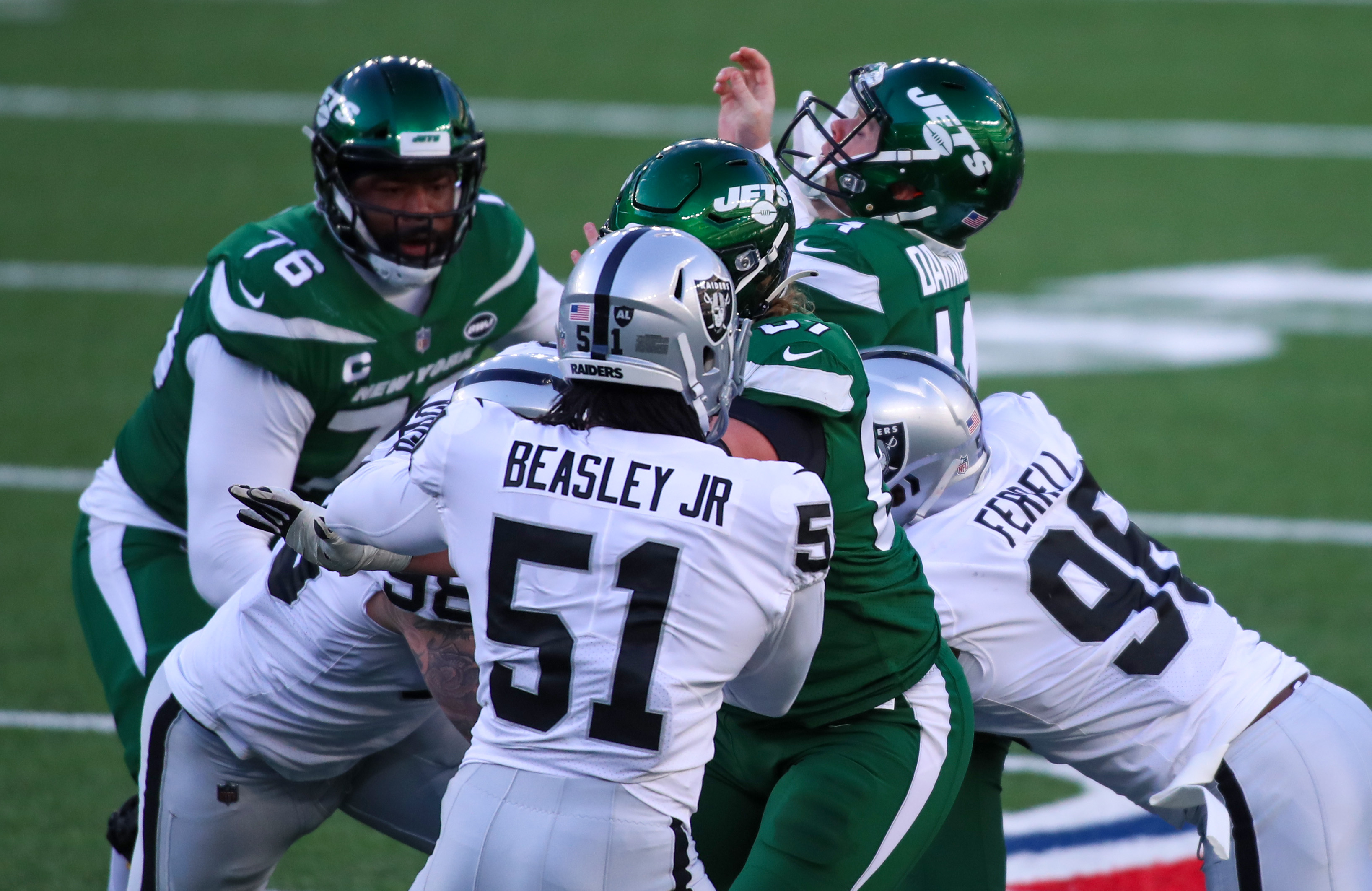 East Rutherford, New Jersey, USA. 6th Dec, 2020. Las Vegas Raiders wide  receiver Henry Ruggs III (11) in action against New York Jets free safety  Marcus Maye (20) during the NFL game