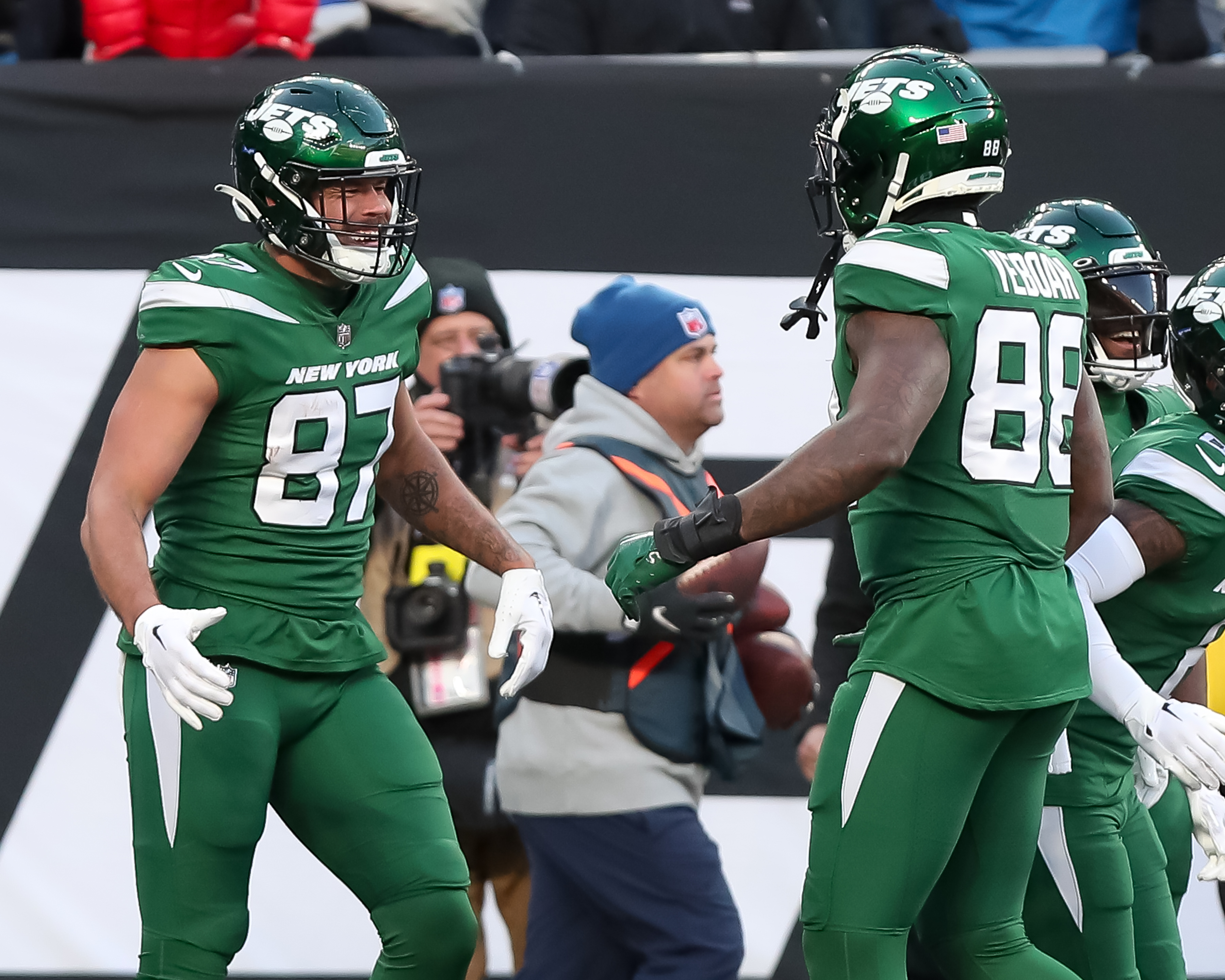 New York Jets tight end Kenny Yeboah (88) walks off of the field