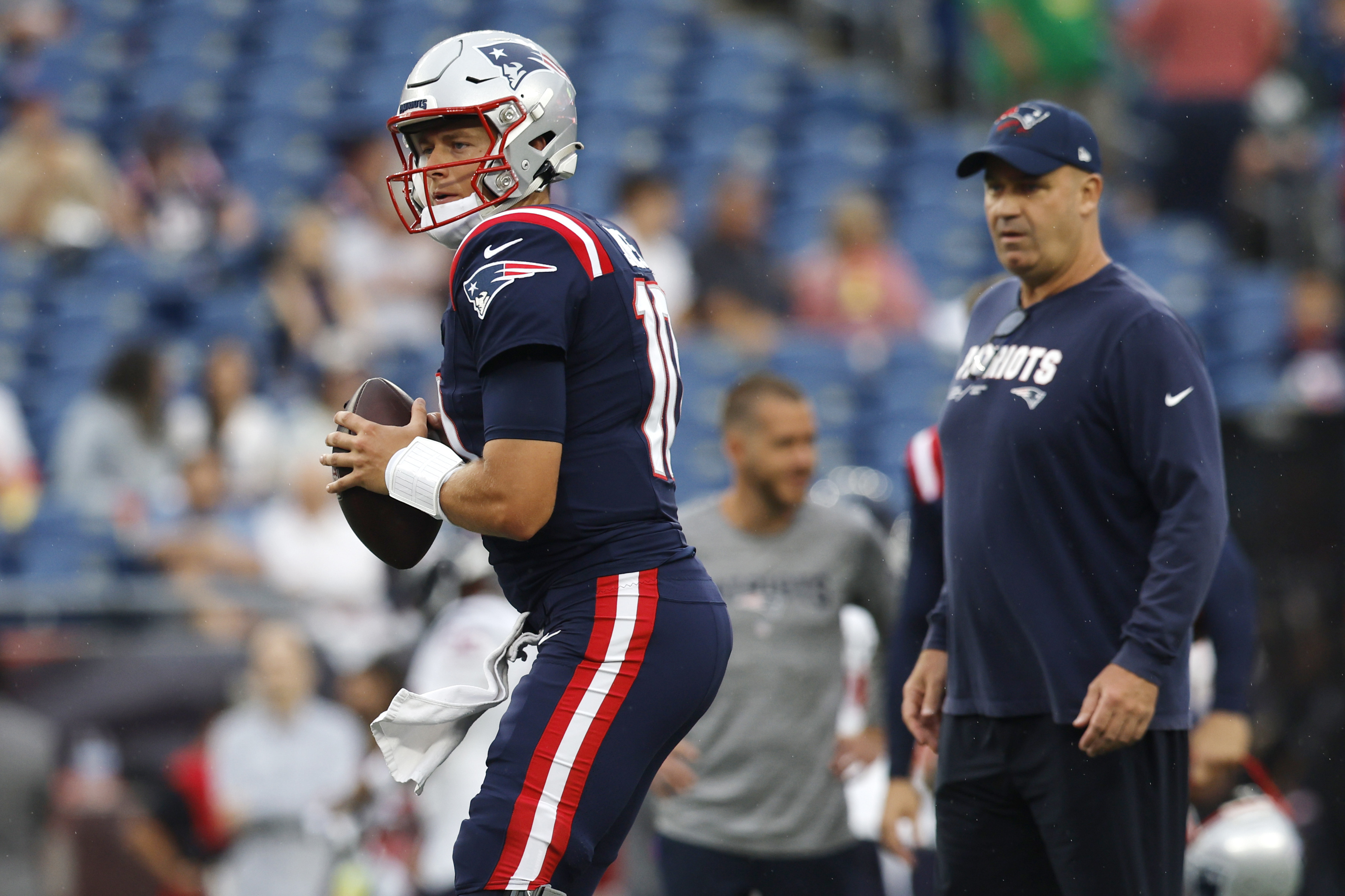 New England Patriots guard Cole Strange blocks against the Baltimore Ravens  during an NFL football game at Gillette Stadium, Sunday, Sunday, Sept. 24,  2022 in Foxborough, Mass. (Winslow Townson/AP Images for Panini