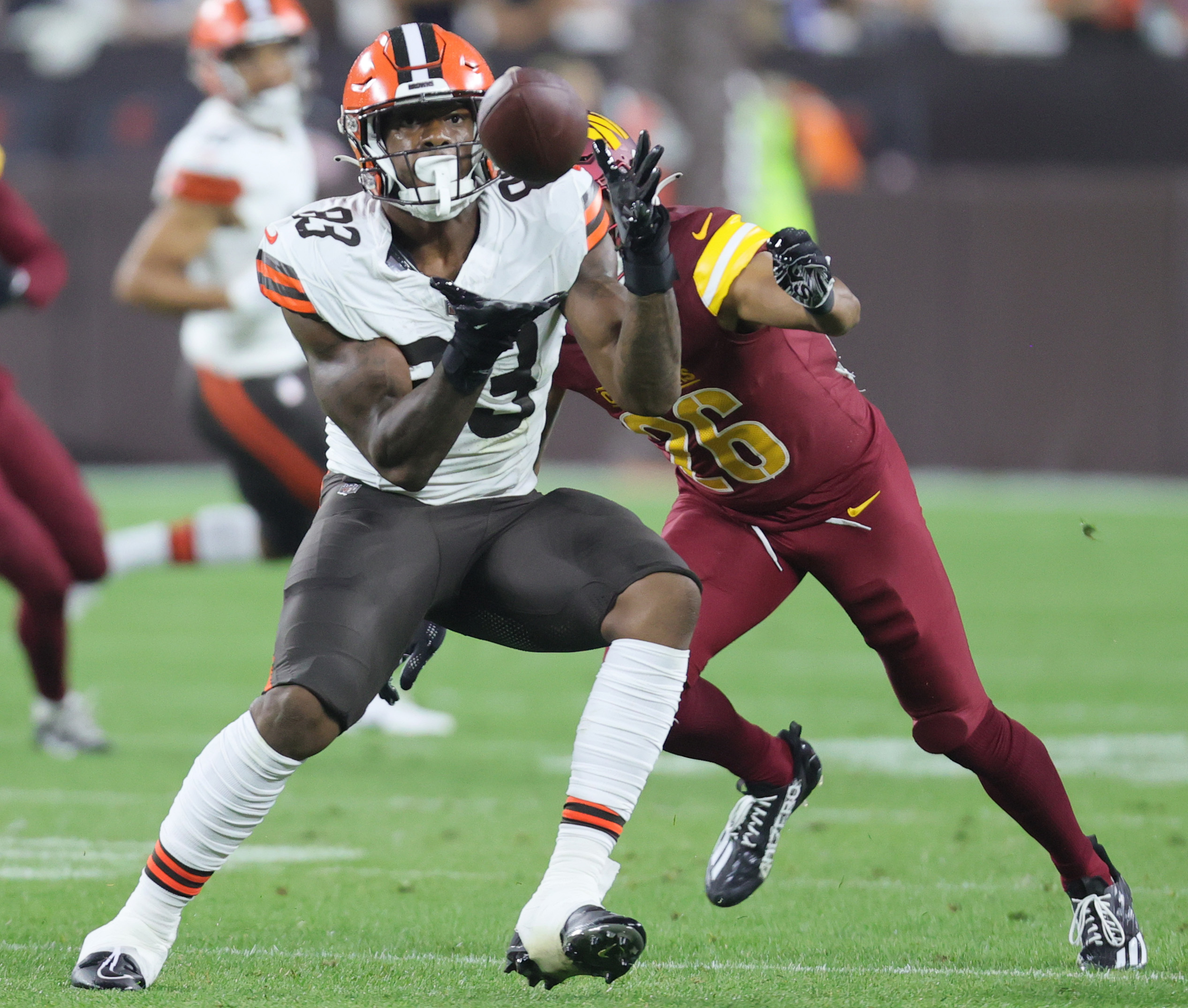 Cleveland Browns defensive back Cameron Mitchell (29) lines up for a play  during an NFL pre-season football game against the Washington Commanders,  Friday, Aug. 11, 2023, in Cleveland. (AP Photo/Kirk Irwin Stock