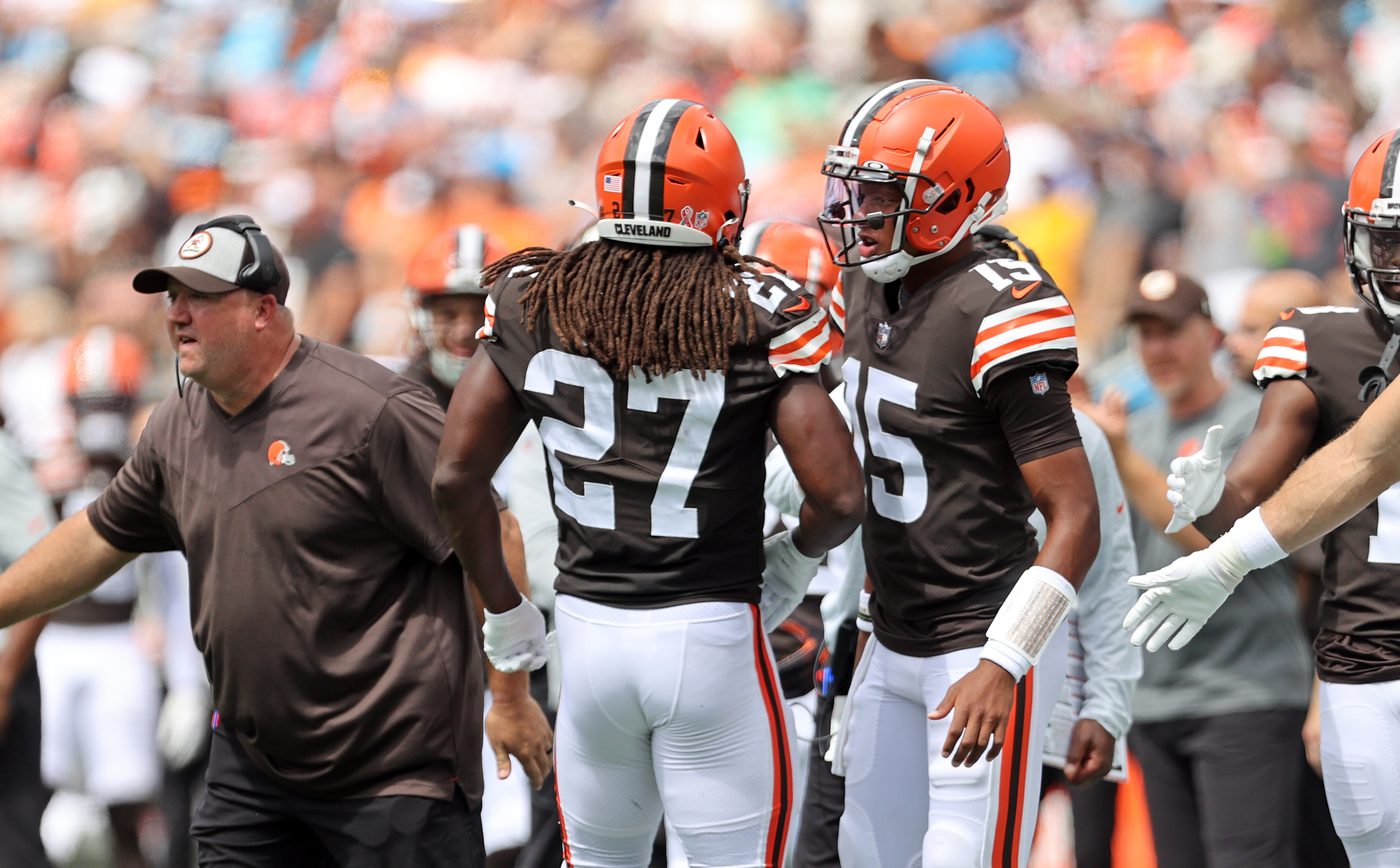 Cleveland Browns running back Kareem Hunt scores past Carolina Panthers  safety Xavier Woods during the first half of an NFL football game on  Sunday, Sept. 11, 2022, in Charlotte, N.C. (AP Photo/Rusty