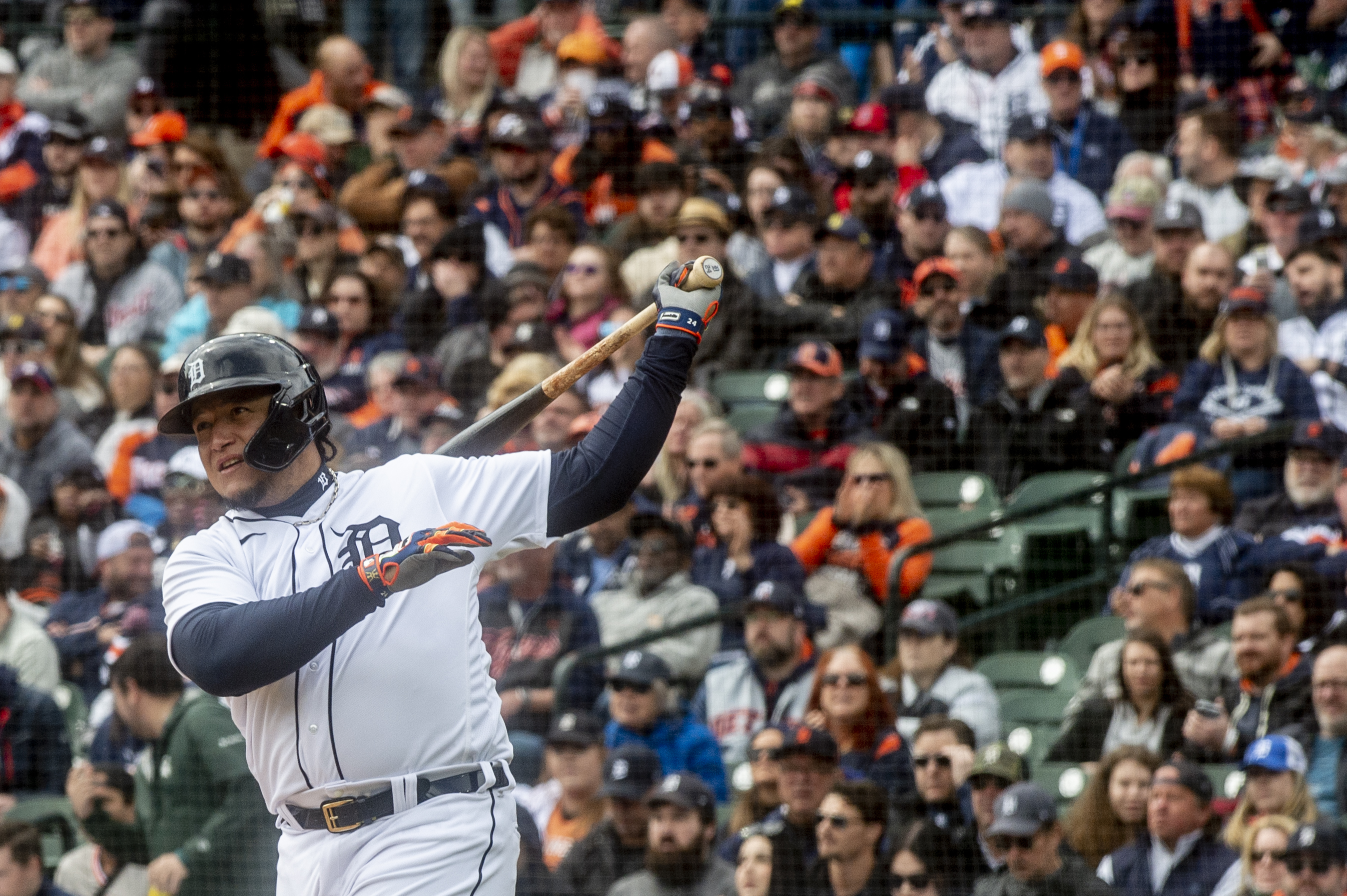 Detroit MI, USA. 12th Apr, 2022. Boston designated hitter J.D. Martinez  (28) gets a hit during the game with Boston Red Sox and Detroit Tigers held  at Comercia Park in Detroit Mi.