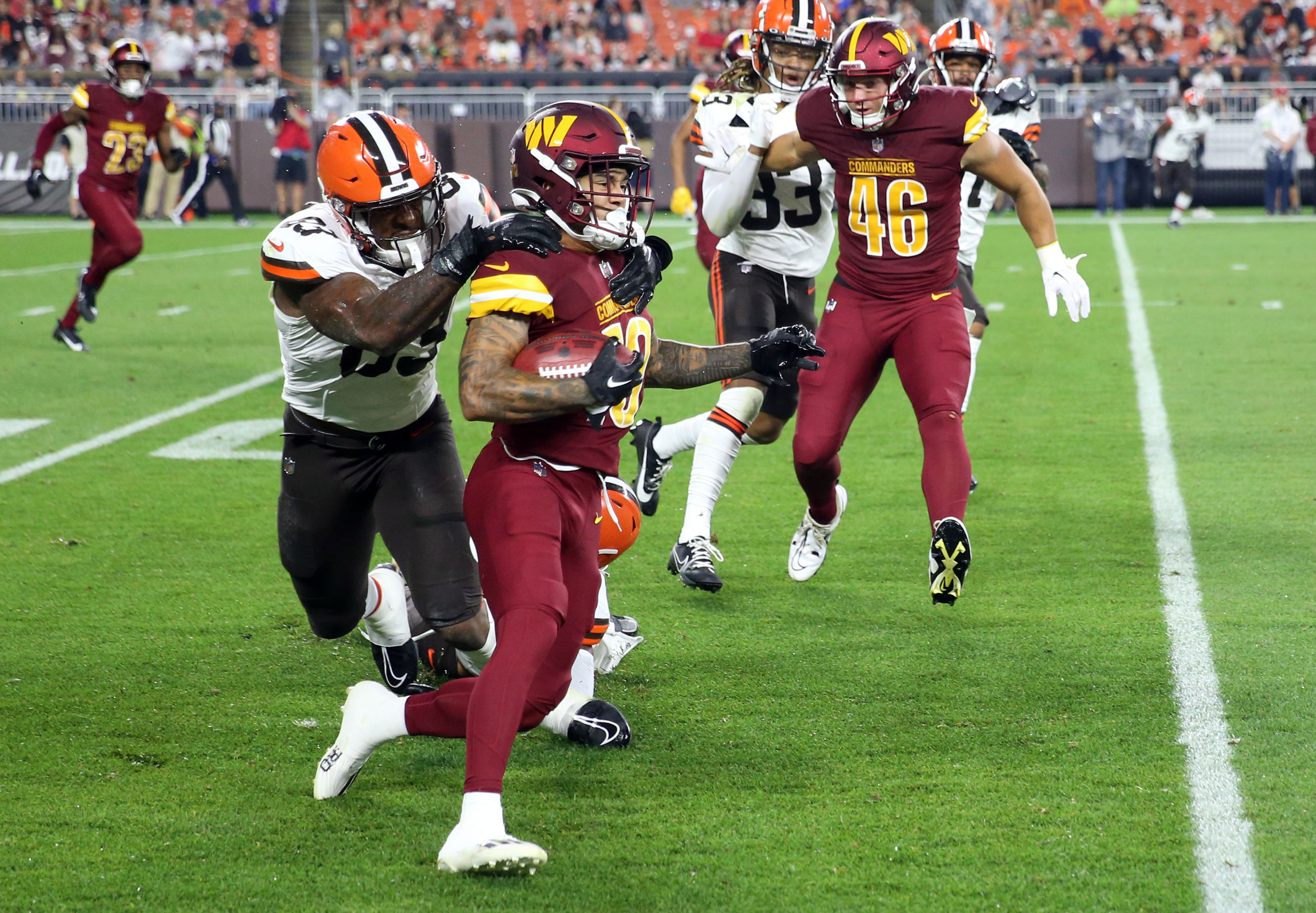 Cleveland Browns quarterback Kellen Mond passes during the second half of a  preseason NFL football game against the Washington Commanders on Friday,  Aug. 11, 2023, in Cleveland. (AP Photo/David Richard Stock Photo 