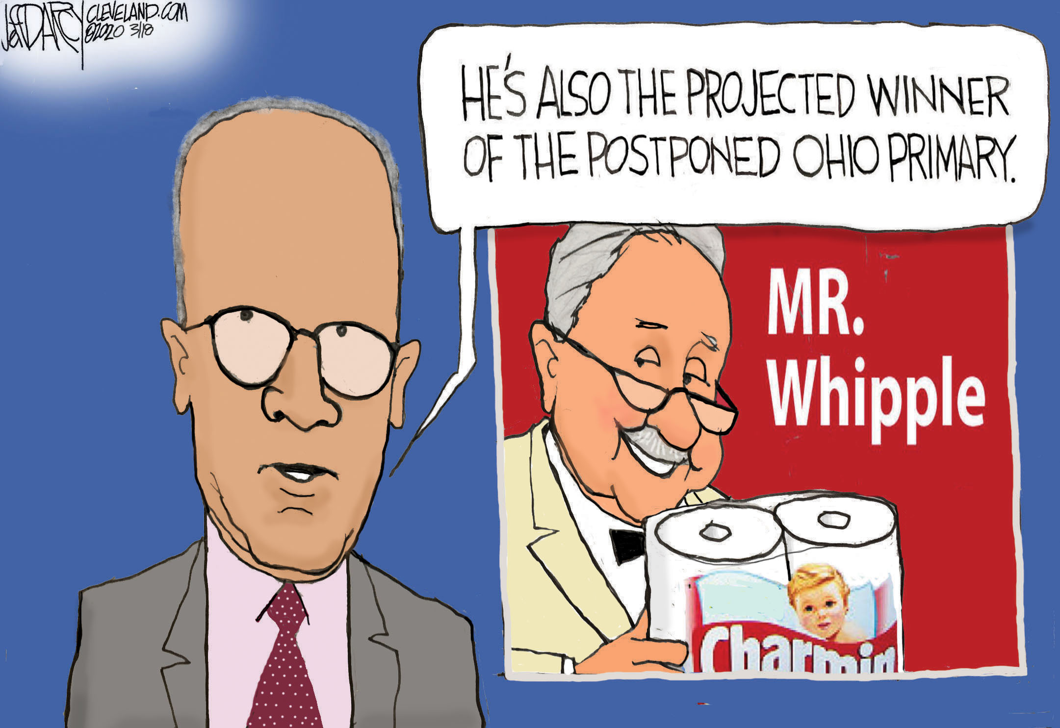 Sanders, Ohio Primary, toilet paper get swept: Darcy cartoon 