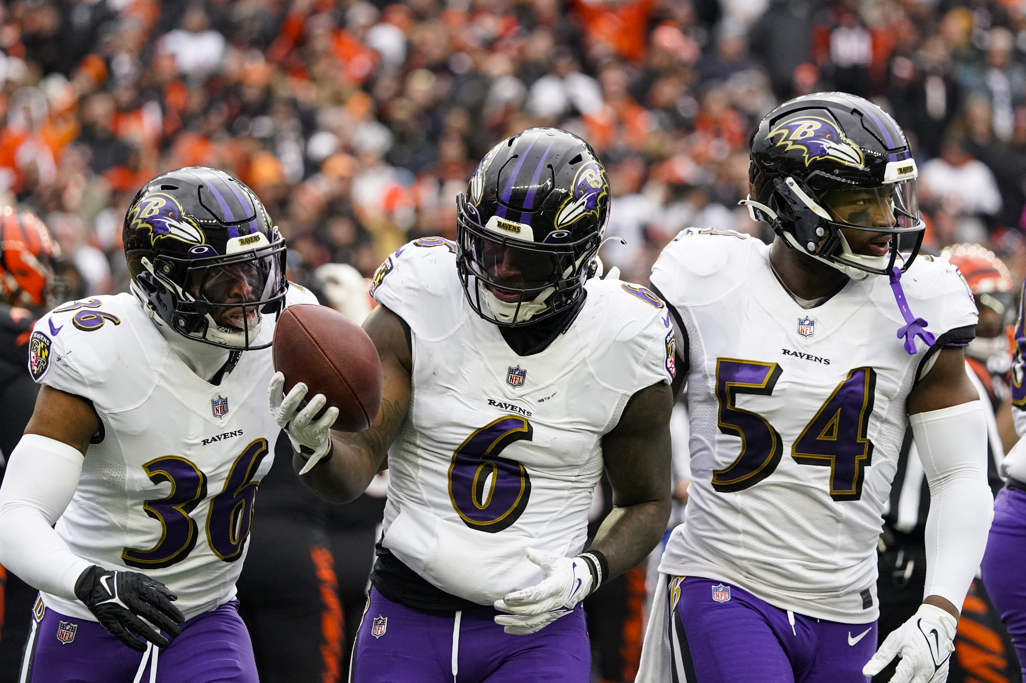 Baltimore Ravens linebacker Jason Pierre-Paul (4) celebrates after the  Ravens recovered a fumble against the Cincinnati Bengals in the second half  of an NFL football game in Cincinnati, Sunday, Jan. 8, 2023. (