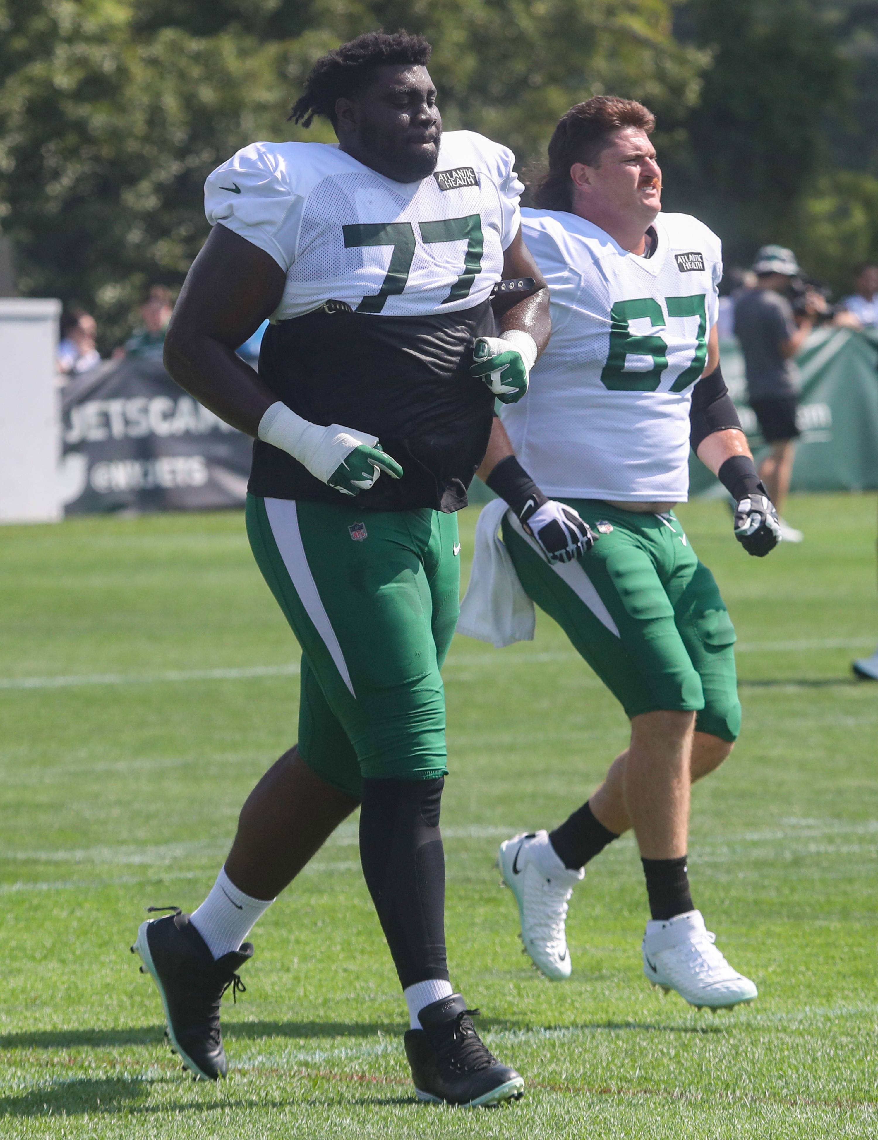 Florham Park, New Jersey, USA. August 2, 2022, Florham Park, New Jersey,  USA: New York Jets' linebacker Hamsah Nasirildeen (45) runs a drill during  Jets training camp at the Atlantic Health Jets