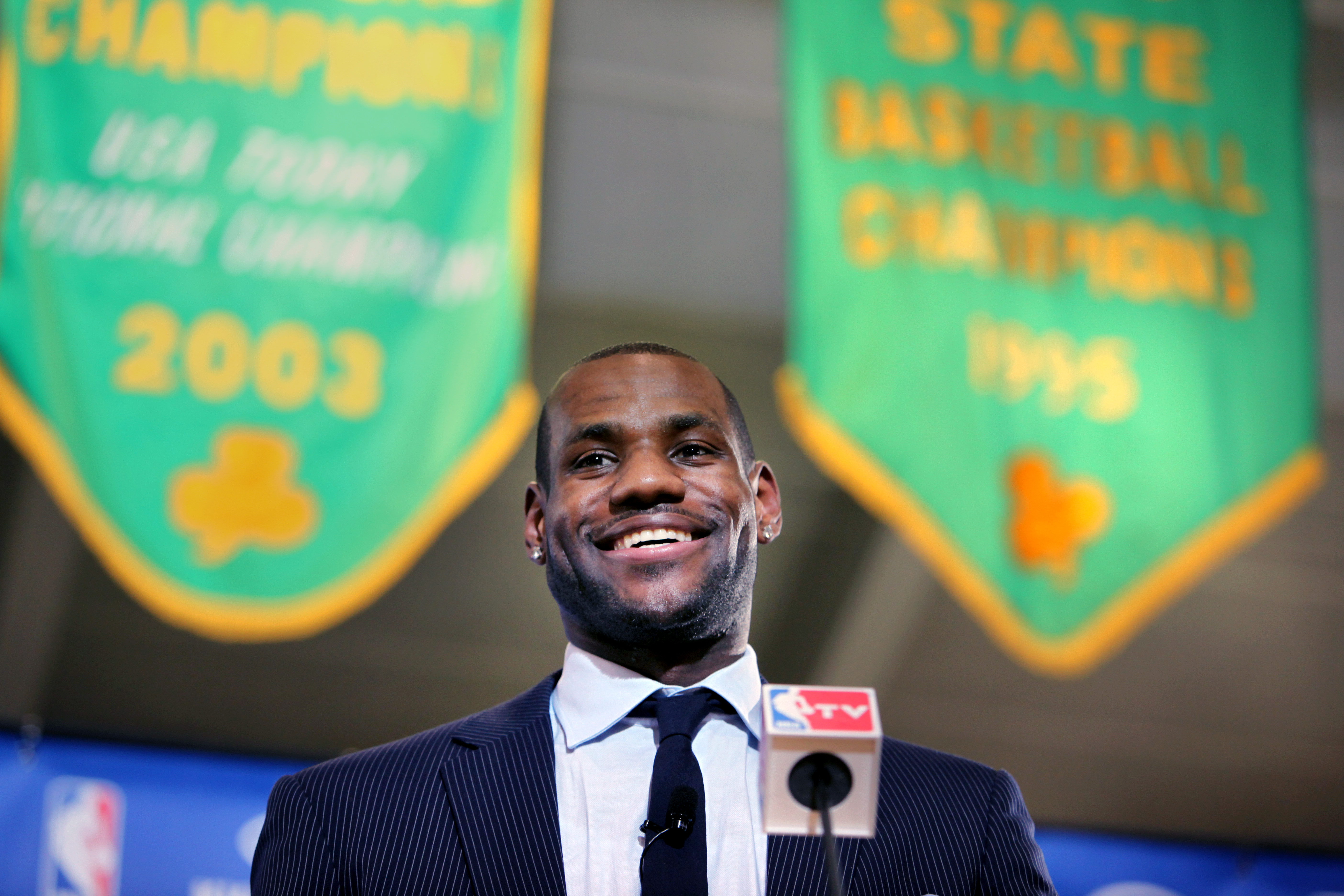 LeBron James gives a speech after being named the NBA's Most Valuable Player  at a ceremony at St. Vincent-St. Mary High School  Monday, May 4, 2009.   (Gus Chan / The Plain Dealer)