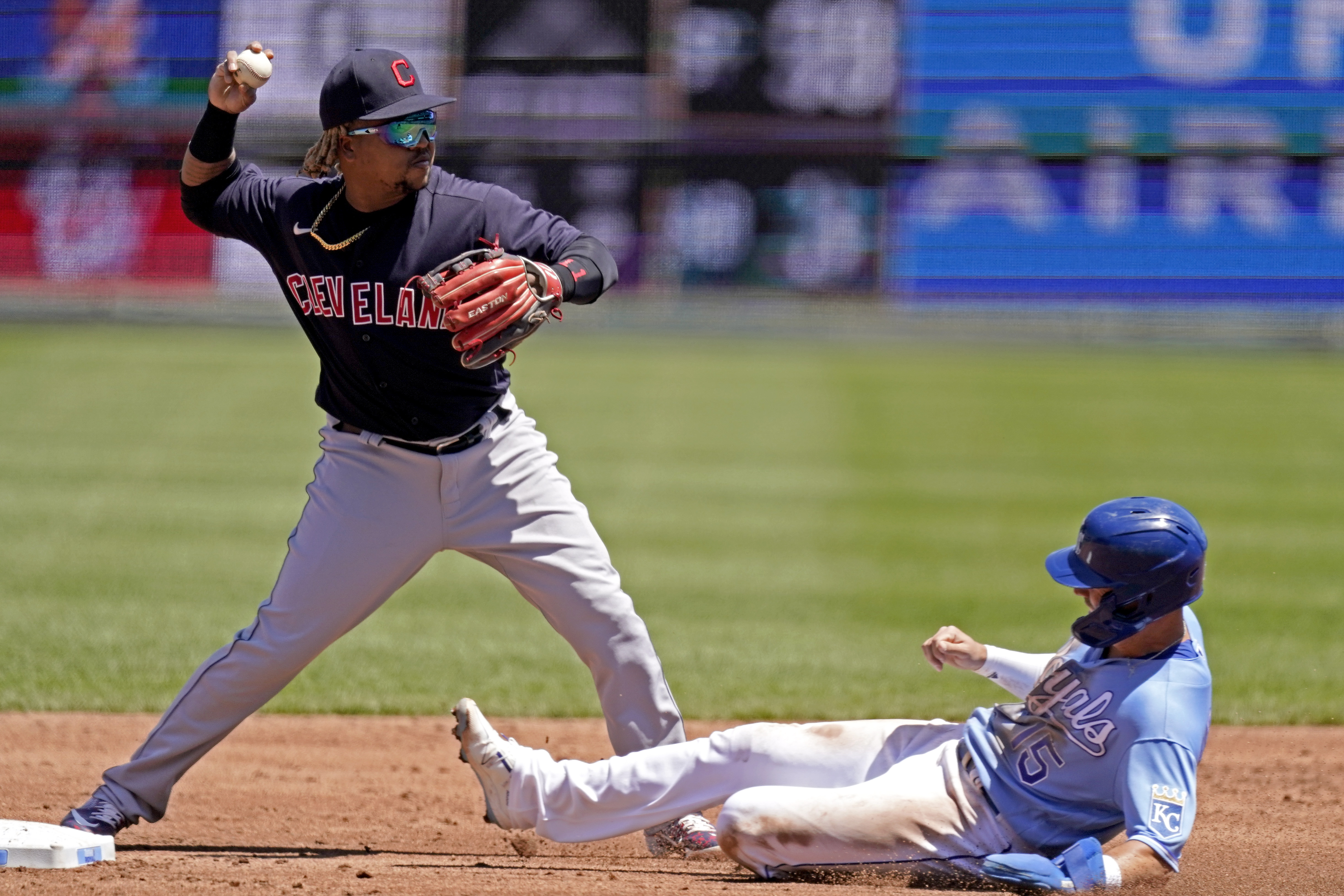 Kansas City Royals' Carlos Santana celebrates hitting an RBI