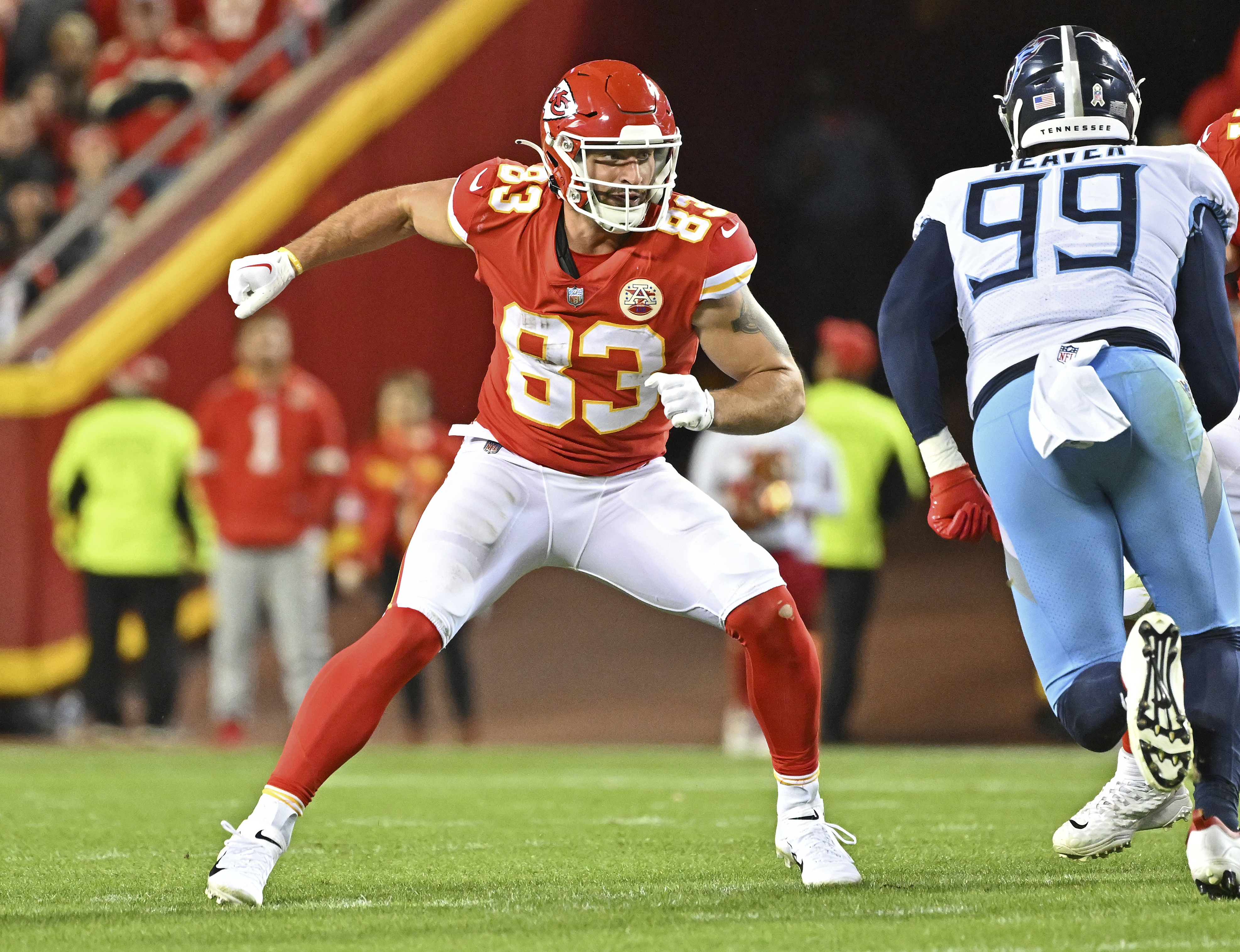 Kansas City Chiefs tight end Noah Gray (83) congratulates Kansas