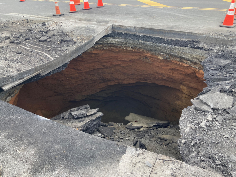 Rainy weather delays work on 50-foot-deep sinkhole near Route 33
