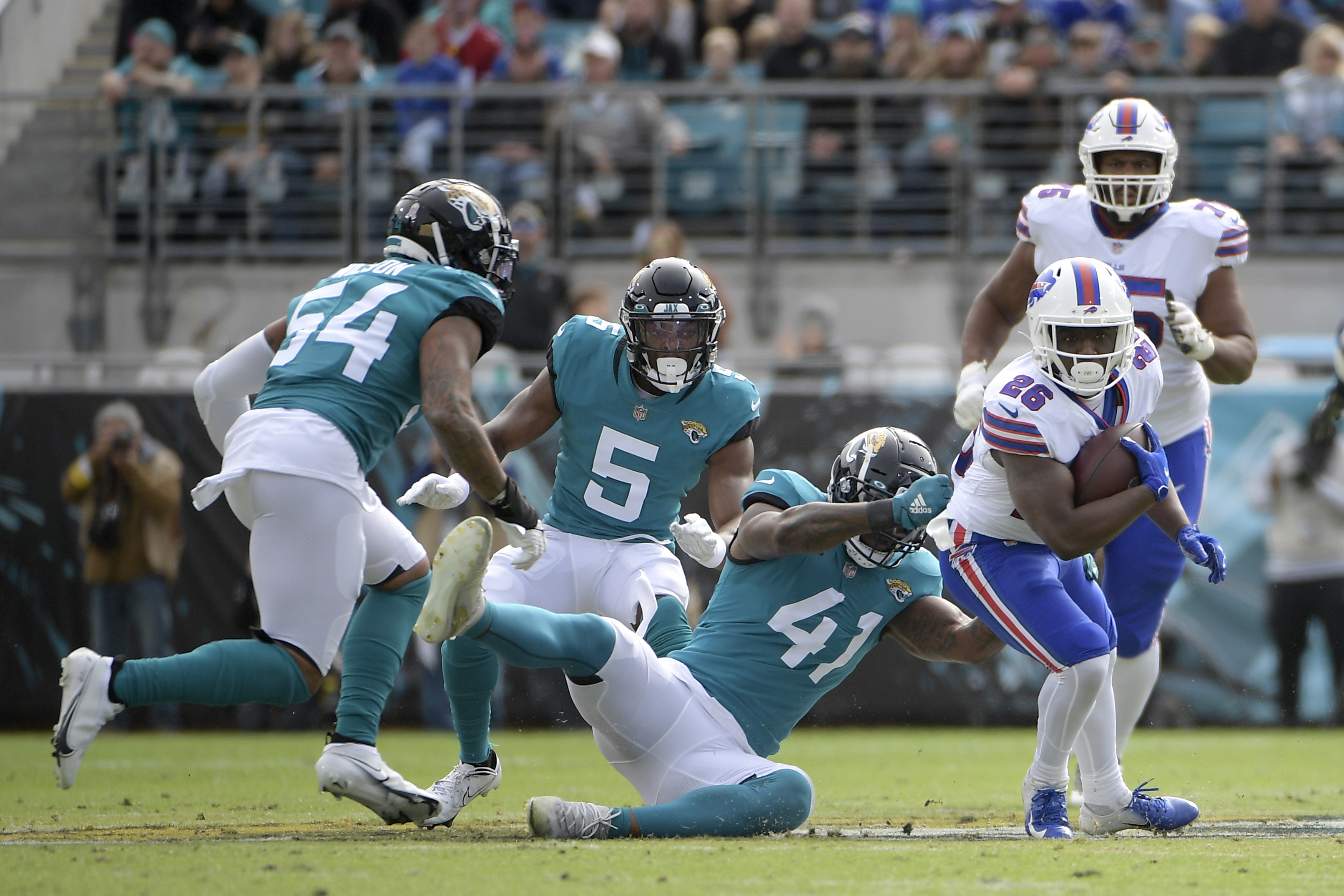 Jacksonville Jaguars linebacker Josh Allen (41) comes off the field during  the second half of an NFL football game against the Buffalo Bills, Sunday,  Nov. 7, 2021, in Jacksonville, Fla. (AP Photo/Phelan