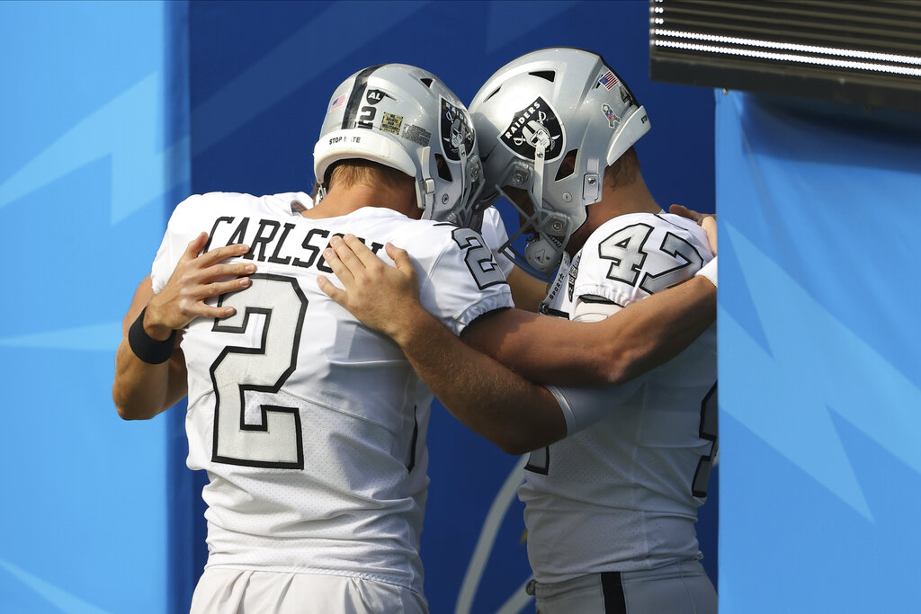 Las Vegas Raiders long snapper Trent Sieg (47) leaves the field