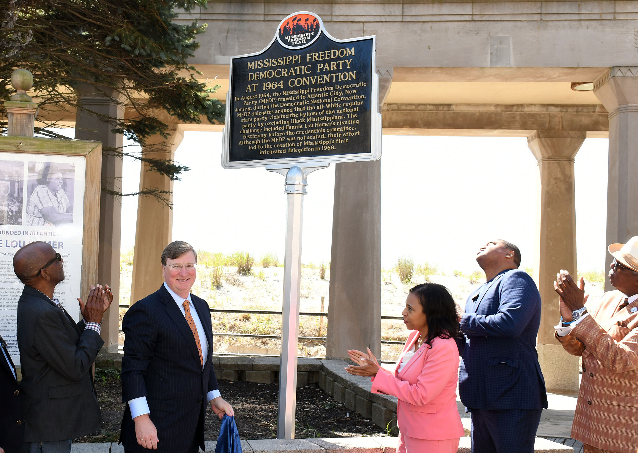 New Jersey Lt. Governor Tanesha Way and Mississippi Governor Tate Reeves joined other officials in unveiling the first Mississippi Freedom Trail marker outside of the state of Mississippi during a ceremony at Kennedy Plaza on the Boardwalk in Atlantic City, N.J. on Tuesday, August 20, 2024.