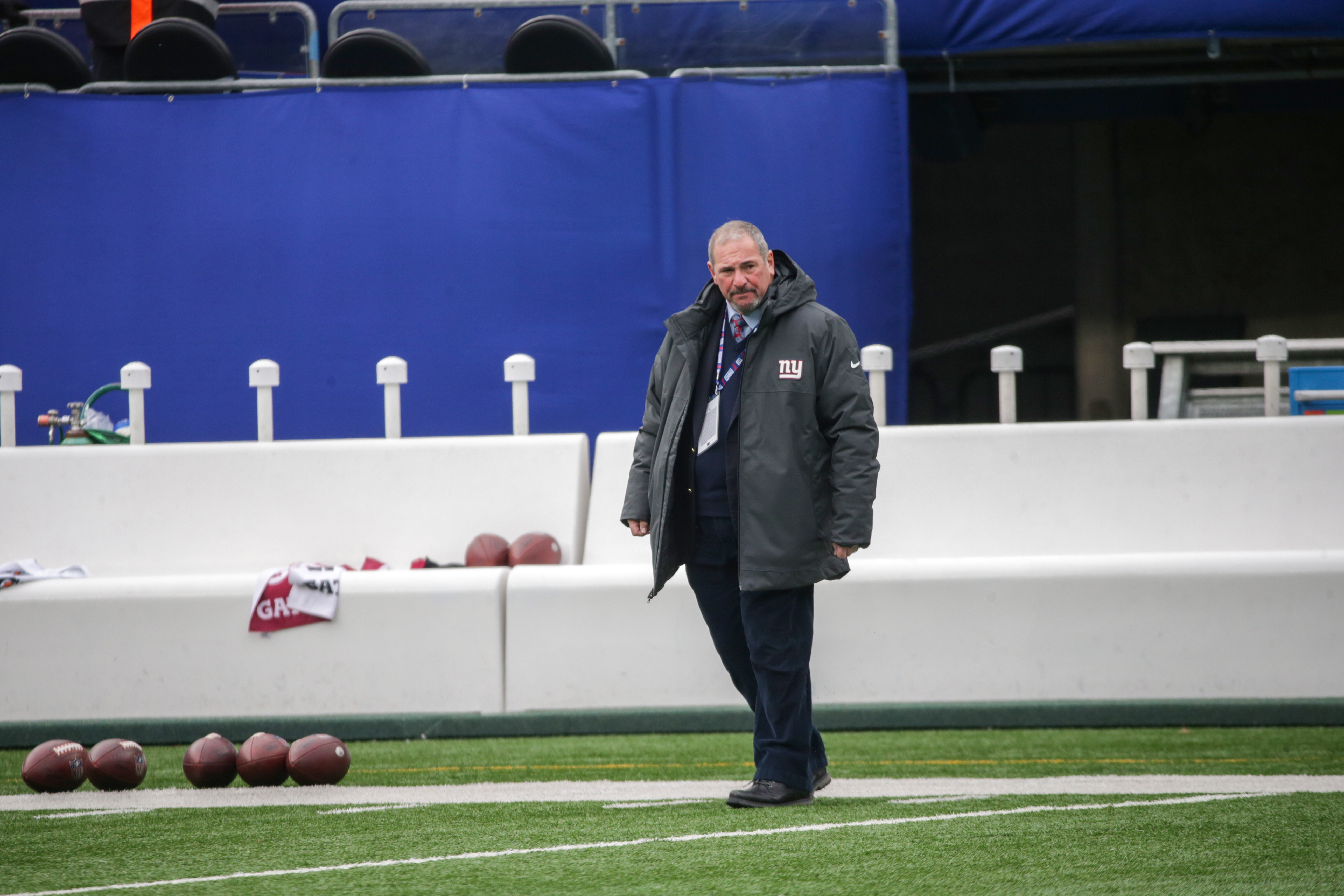 New York Giants Dave Gettleman during pregame warmups as the Giants prepare to host the Washington Football Team on Sunday, Jan. 9, 2022 in East Rutherford, N.J.