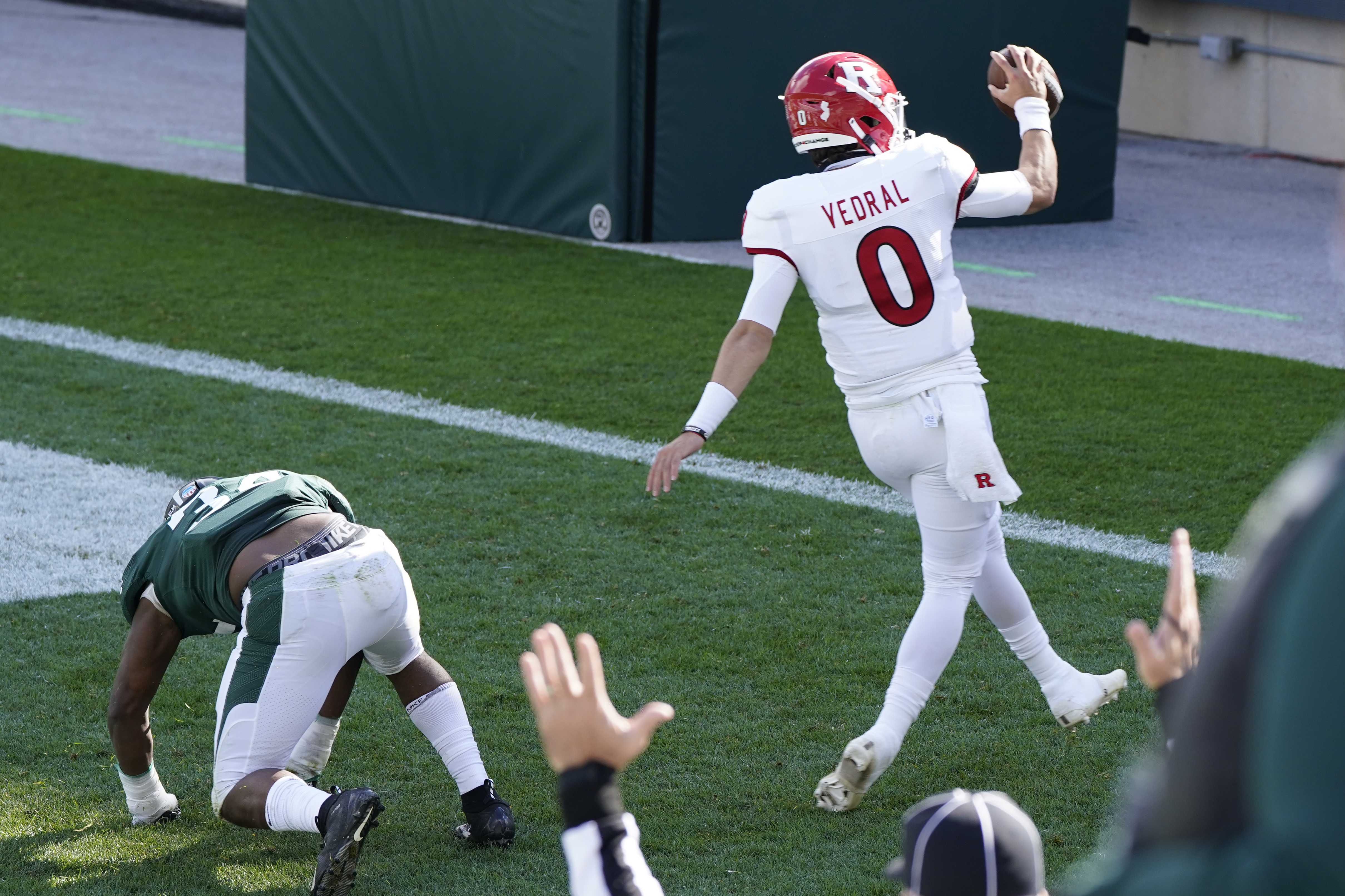 Rutgers quarterback Noah Vedral (0) reacts walking off the field against  Michigan State during the first