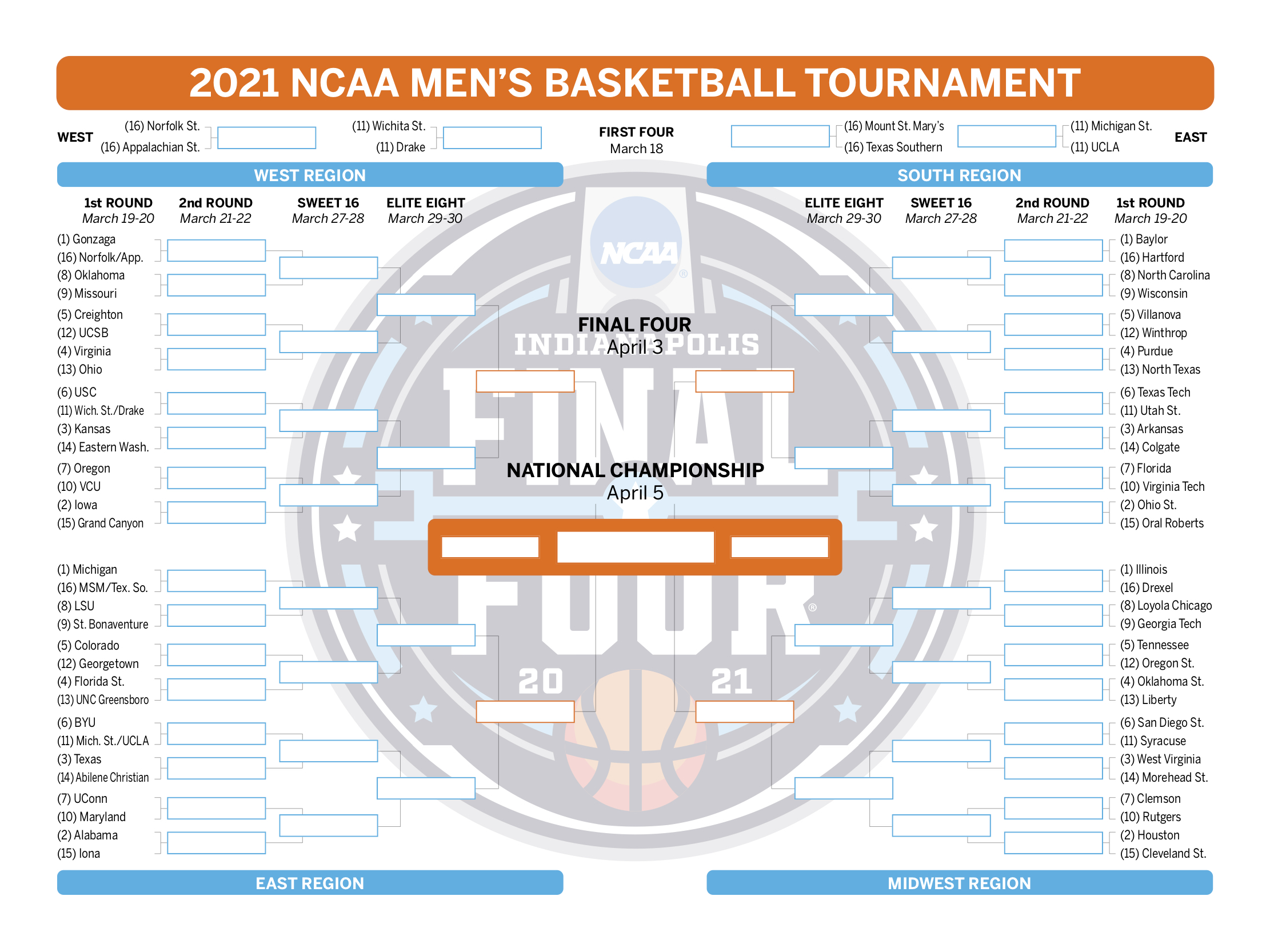 Printable March Madness bracket for men’s NCAA Tournament 2021