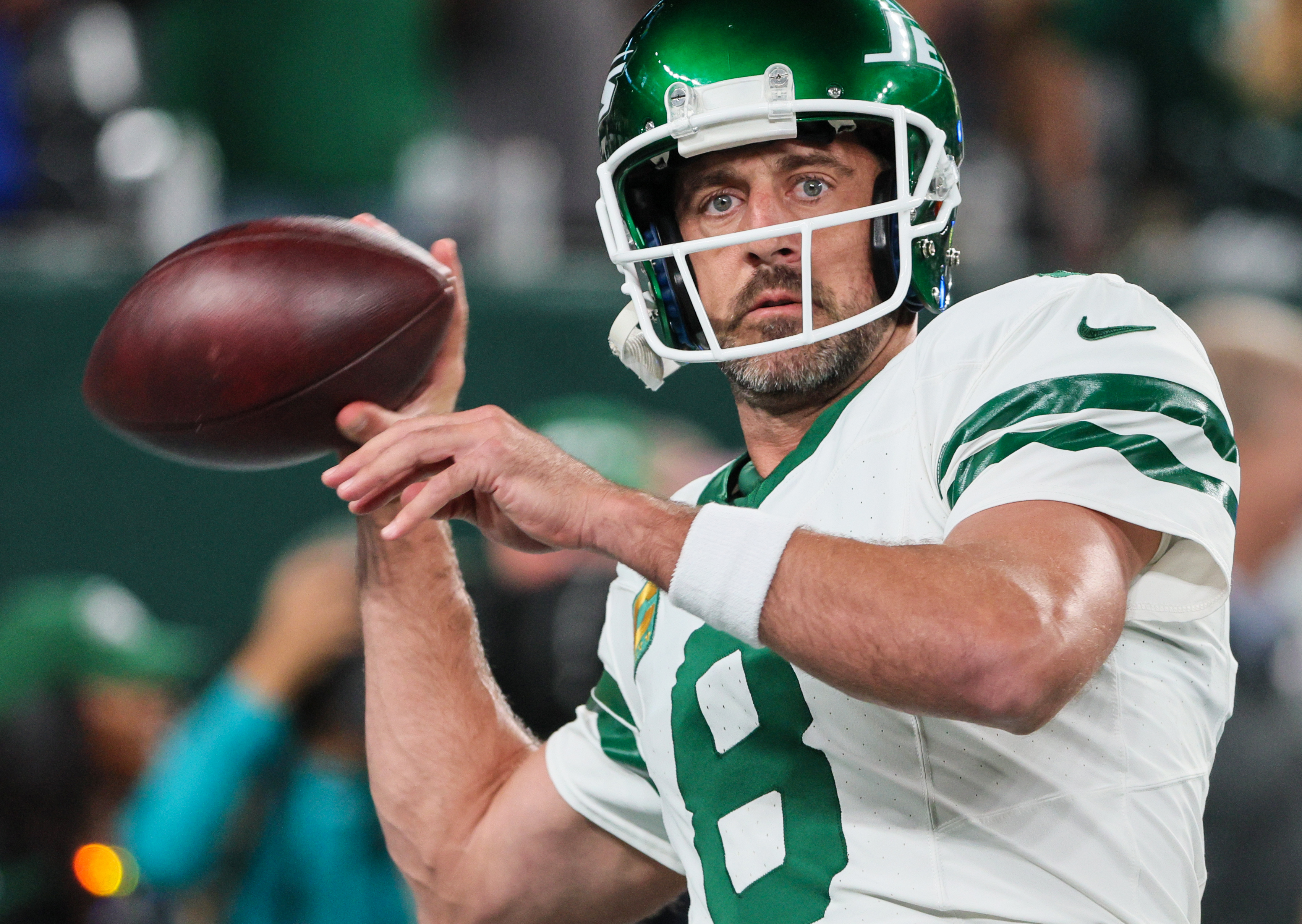 New York Jets quarterback Aaron Rodgers (8) warms up before an NFL football  game against the Buffalo Bills on Monday, Sept. 11, 2023, in East  Rutherford, N.J. (AP Photo/Rusty Jones Stock Photo - Alamy