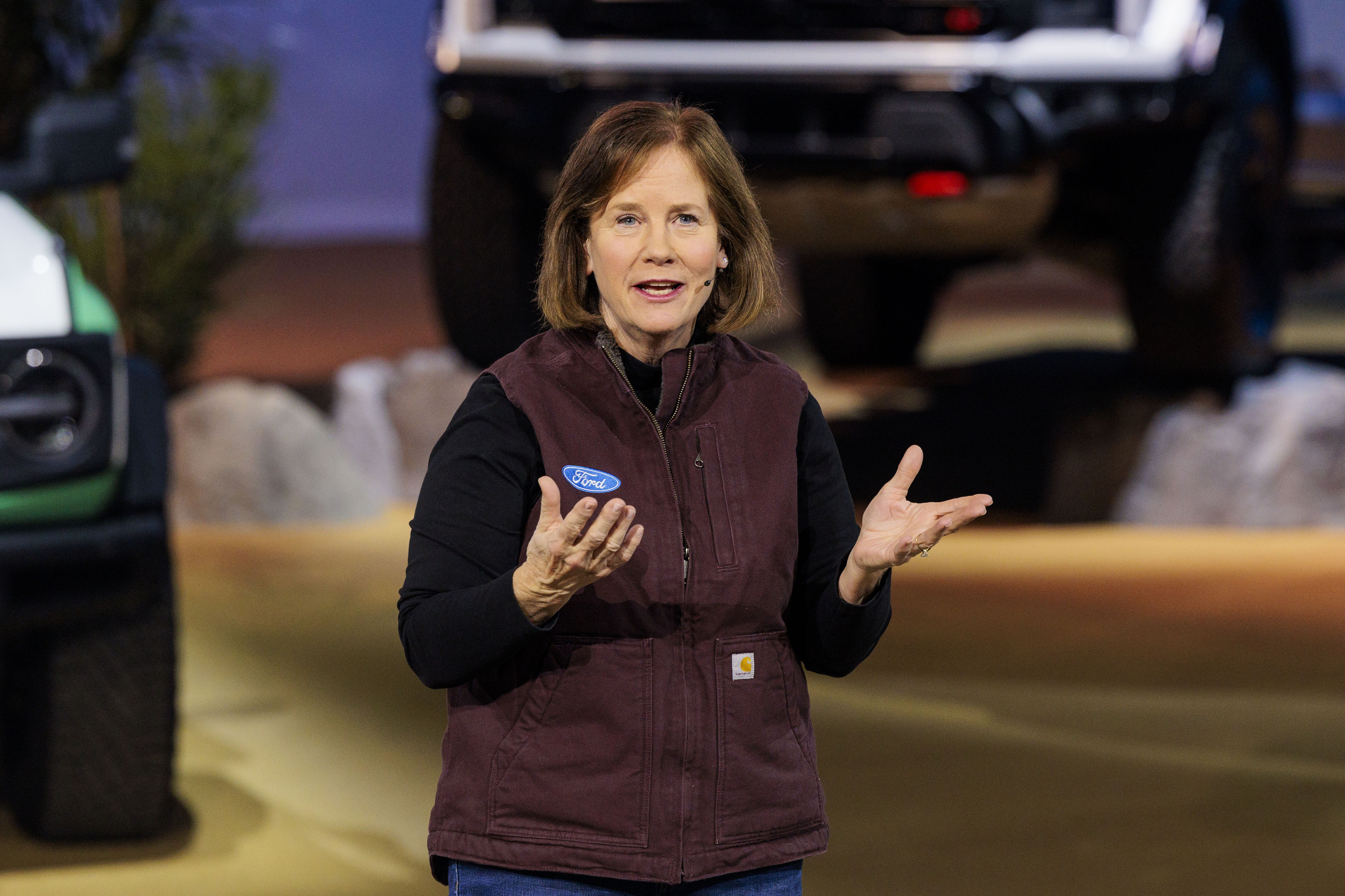Linda Hubbard, CEO of Carhartt, speaks during a Ford Motor Company event ahead of the Detroit Auto Show at Huntinton Place in Detroit on Tuesday, Jan. 13 2026.