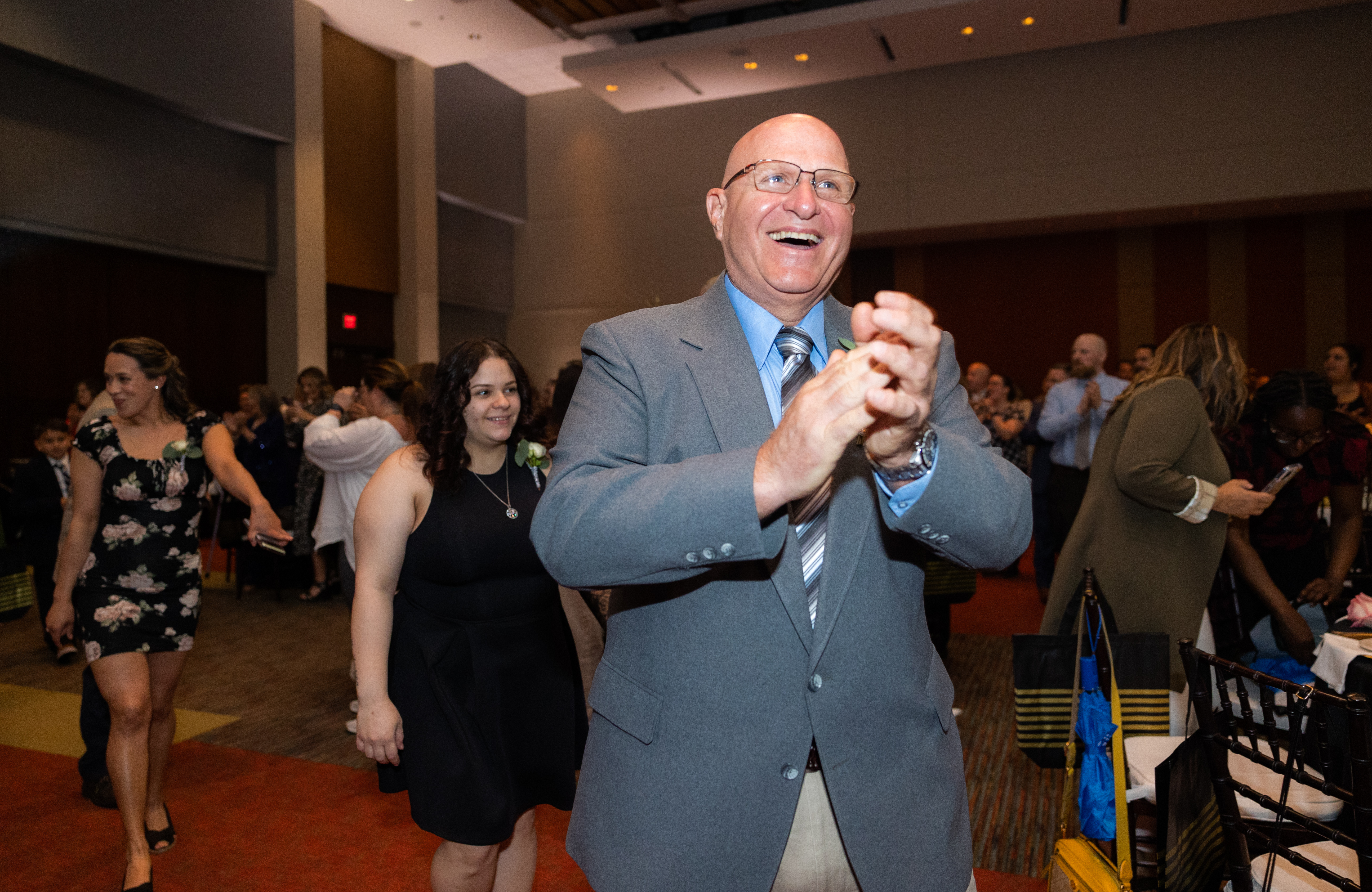 Finalist Steve Ferraro, of The Big E, all smiles while walking to the stage at the 25th annual Howdy Awards for Hospitality Excellence held at the MassMutual Center Monday evening, May 16, 2022. (Hoang ‘Leon’ Nguyen / The Republican)