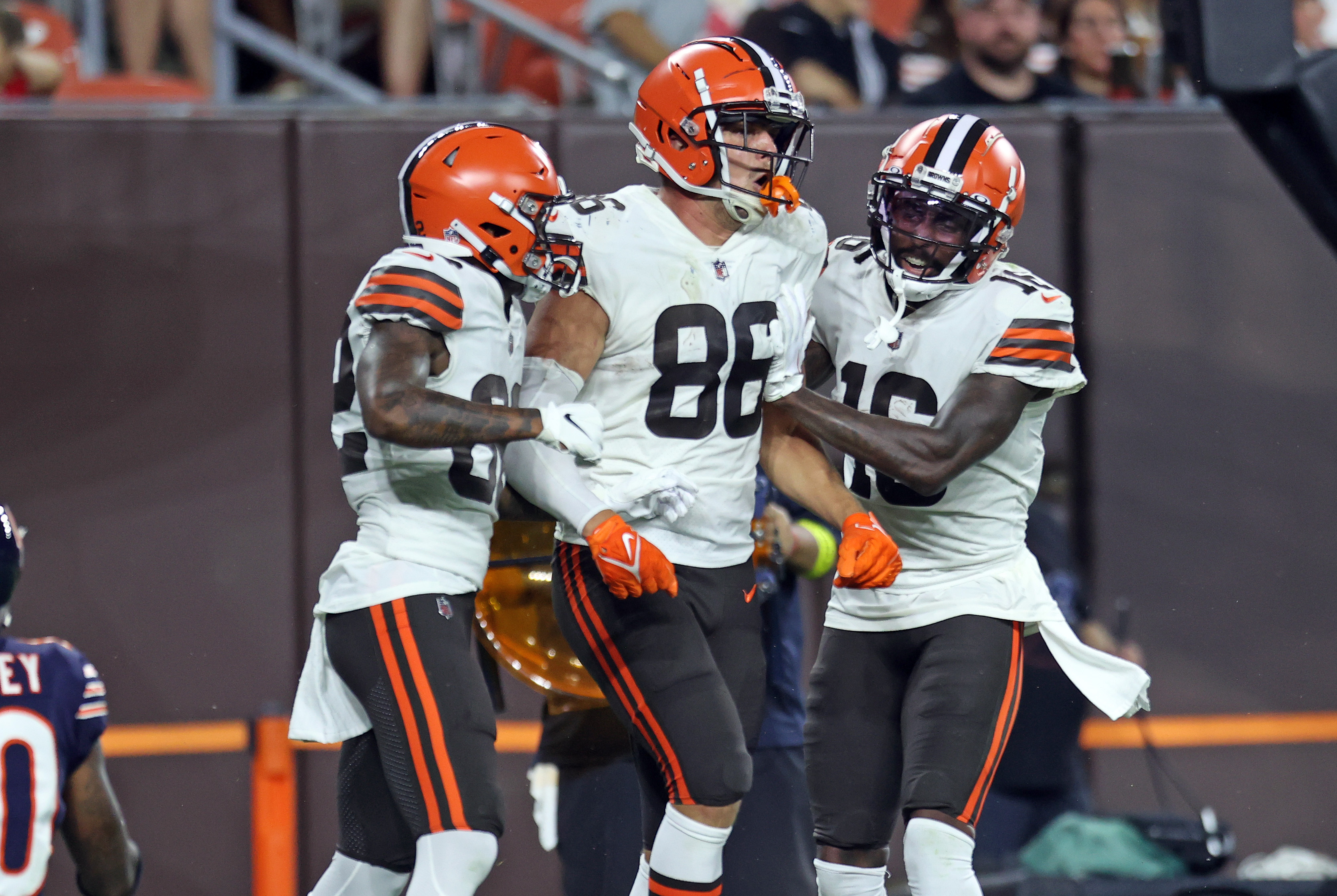 Miller Forristall of the Cleveland Browns celebrates after a first