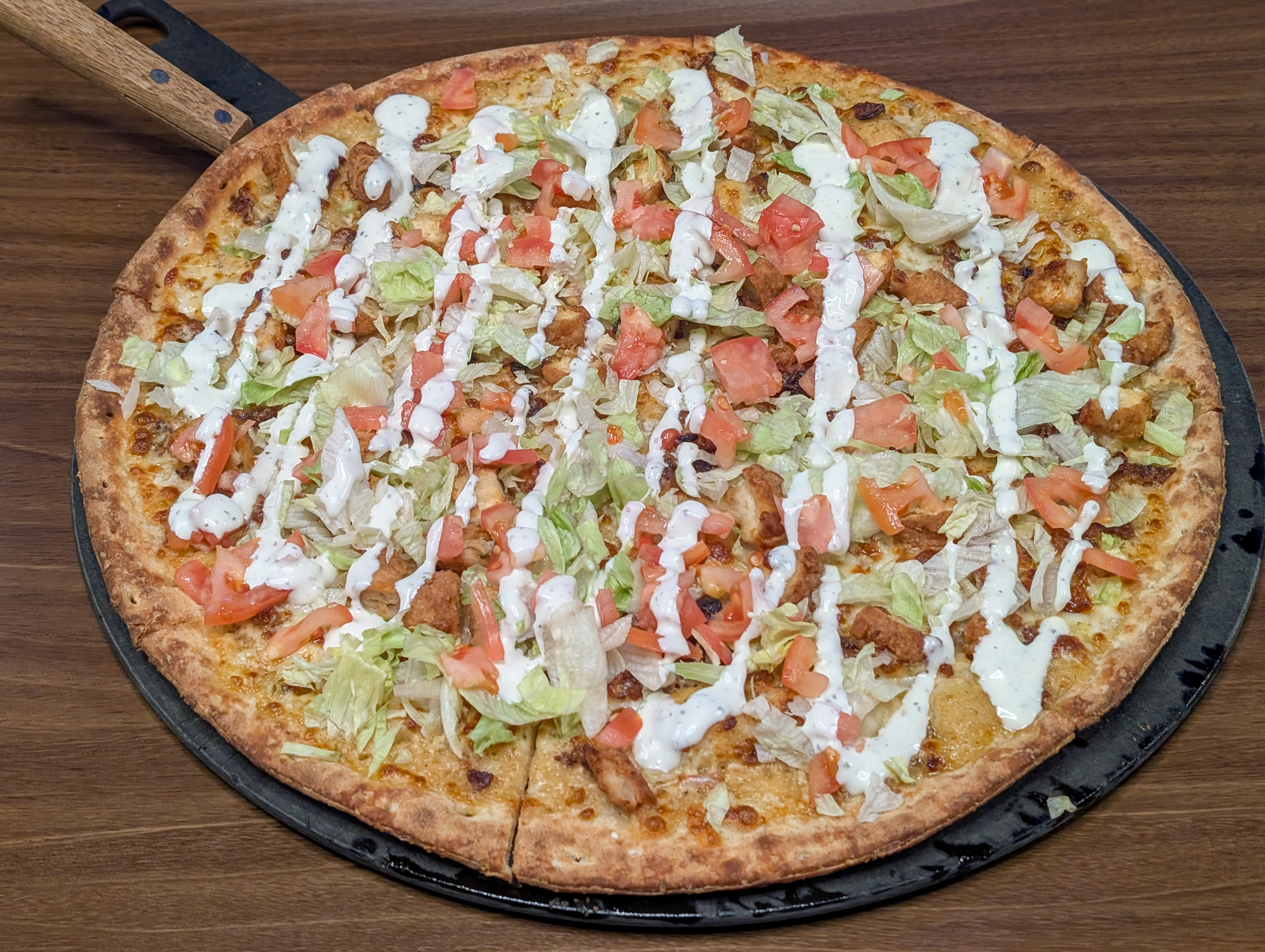 A chicken bacon ranch pizza from Apex Entertainment Marlborough.