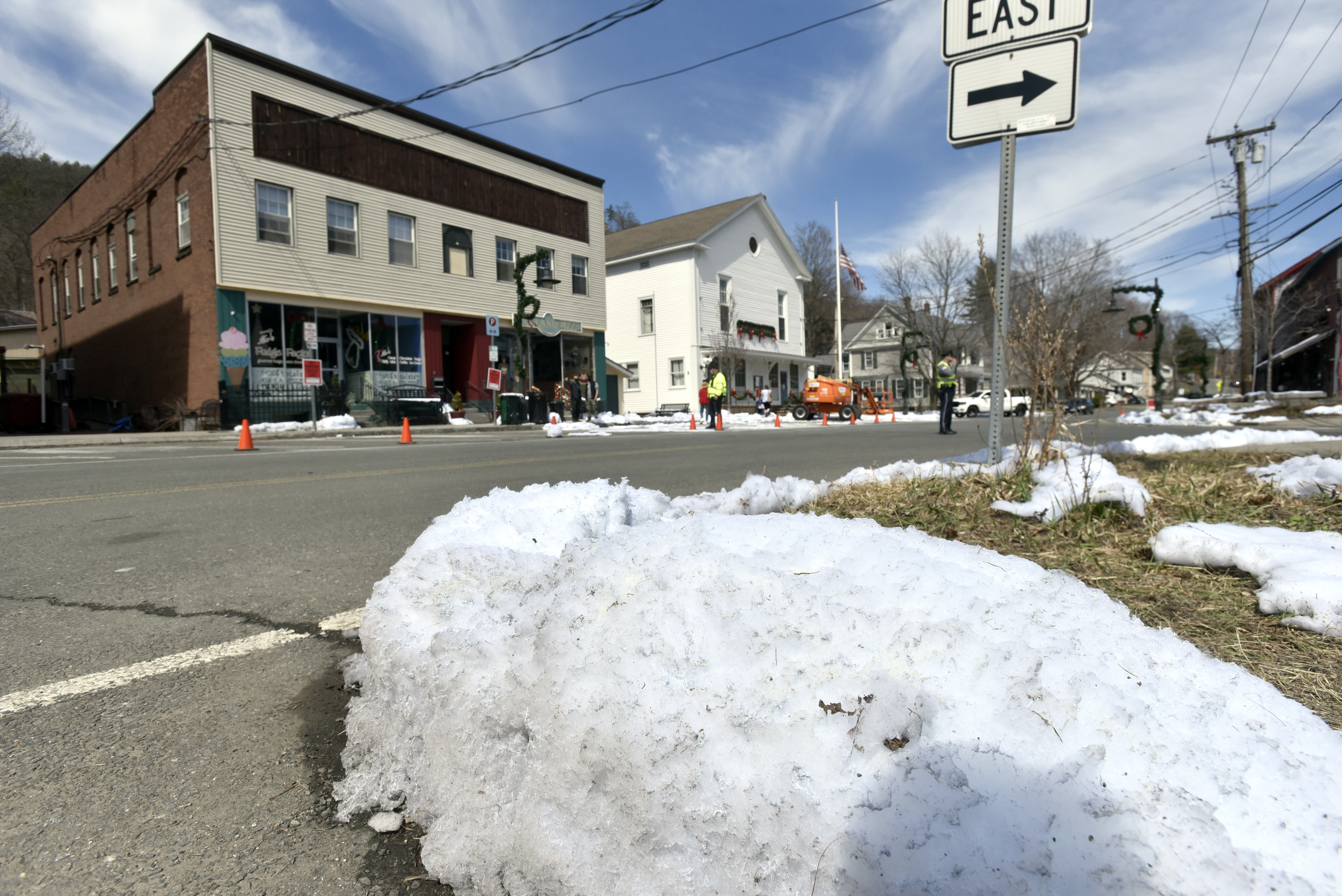 Lots of fake snow has been laid around downtown Sheloburne Falls for the filming of the show Dexter, April 7, 2021.   (Don Treeger / The Republican)