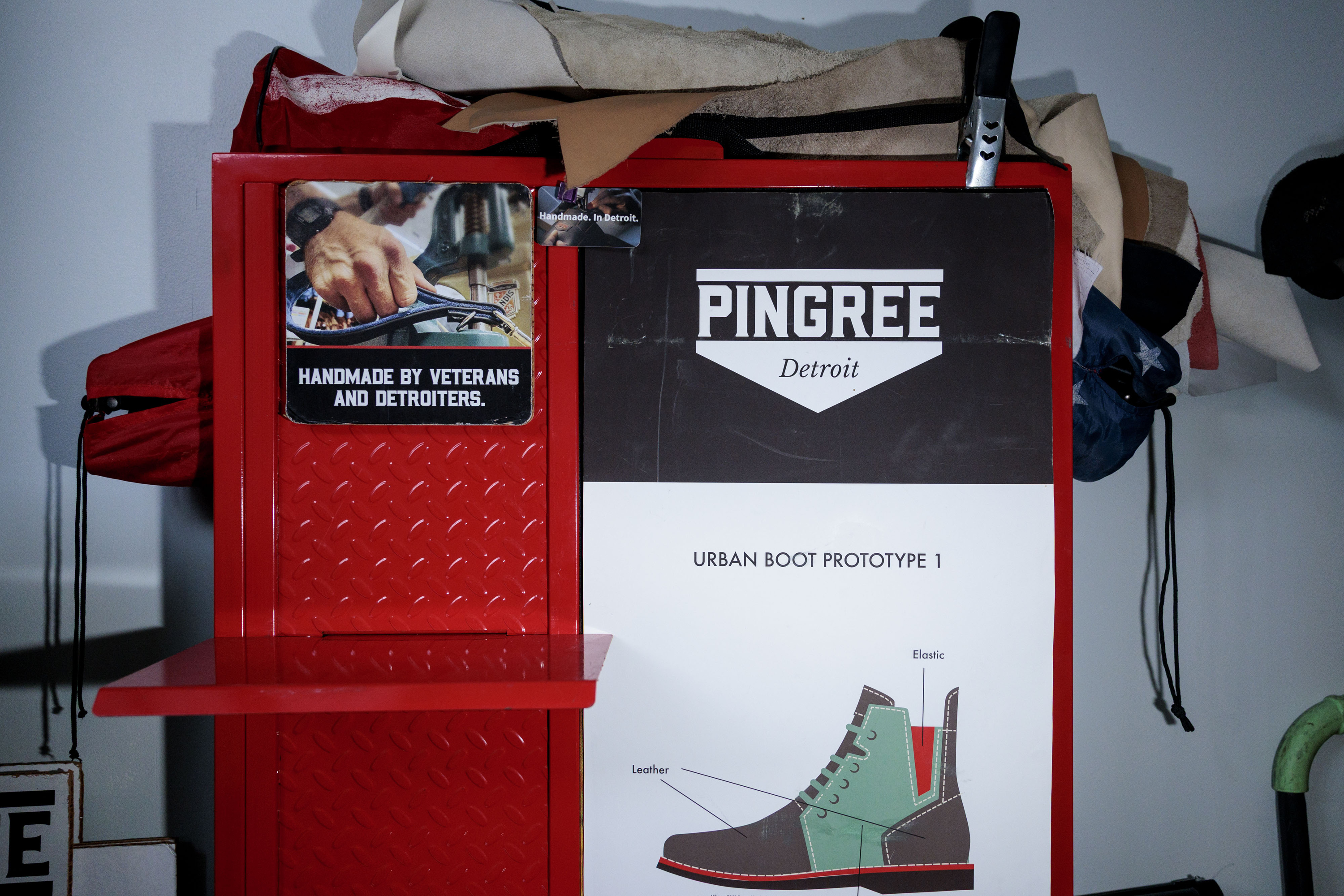 A prototype diagram poster hangs on a locker at Pingree Detroit, 15707 Livernois in Detroit on Monday, Oct. 6 2025.