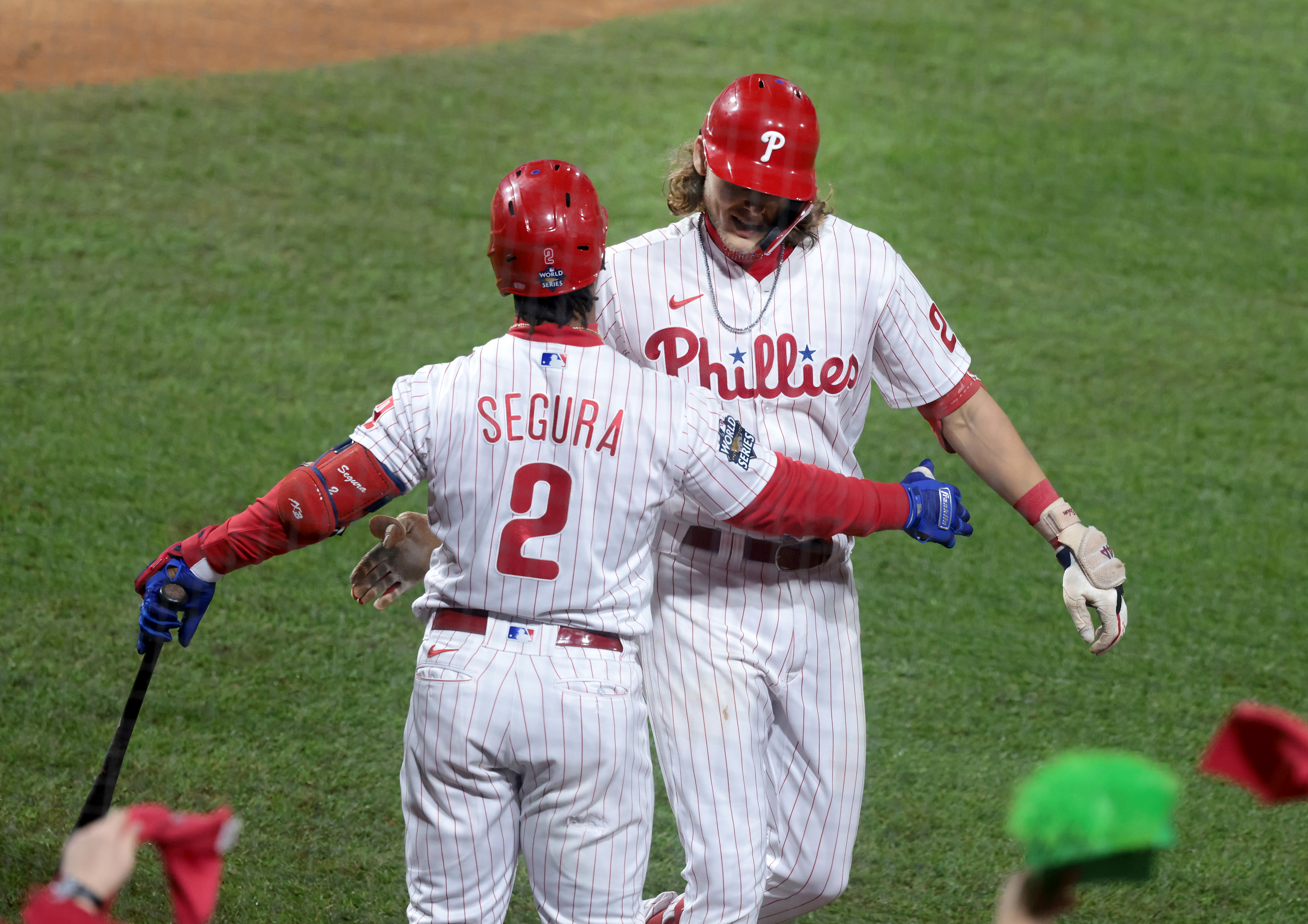 Alec Bohm (28) of the Philadelphia Phillies is congratulated by Jean Segura (2) after hitting a home run in the second inning vs. the Houston Astros during Game 3 of the World Series at Citizens Bank Park, Tuesday, Nov. 1 2022.