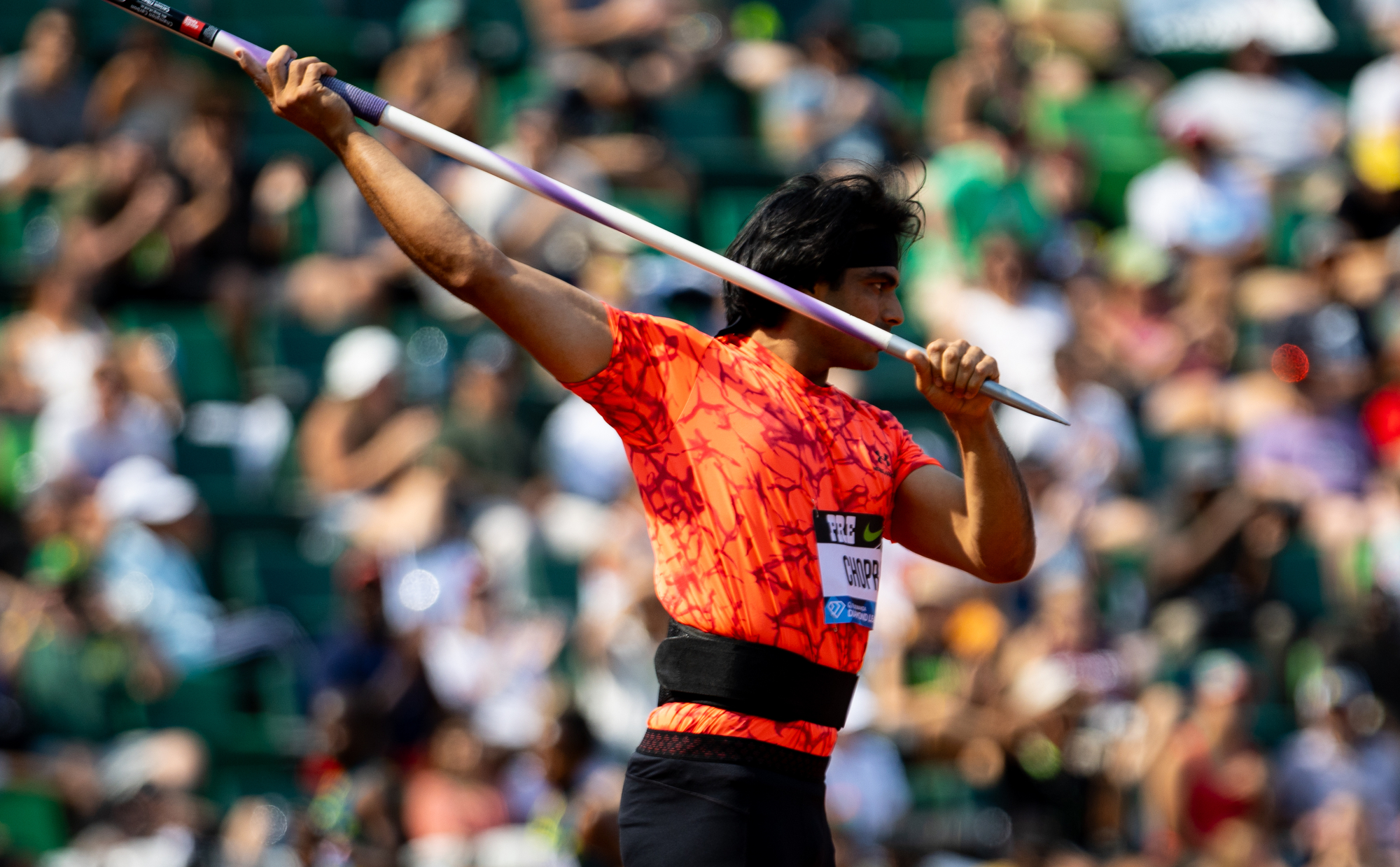 India’s Neeraj Chopra competes in the men’s javelin during the Prefontaine Classic track and field meet on Saturday, Sept. 16, 2023, at Hayward Field in Eugene. Chopra finished second in the event.