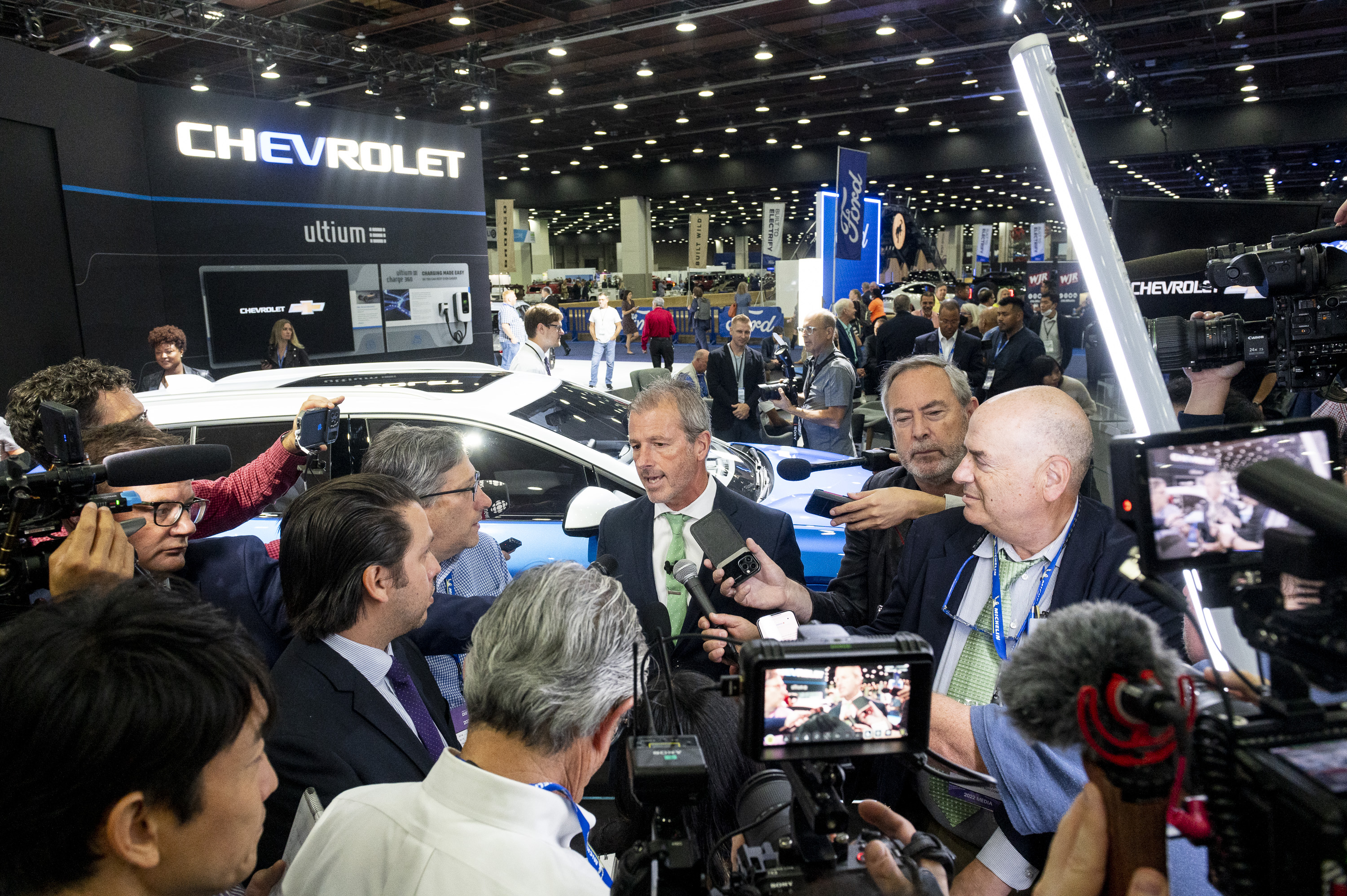 Scott Bell, vice president of Chevrolet, speaks with press as the 2022 North American International Auto Show begins with media preview day at Huntington Place in Detroit on Wednesday, Sept. 14 2022.