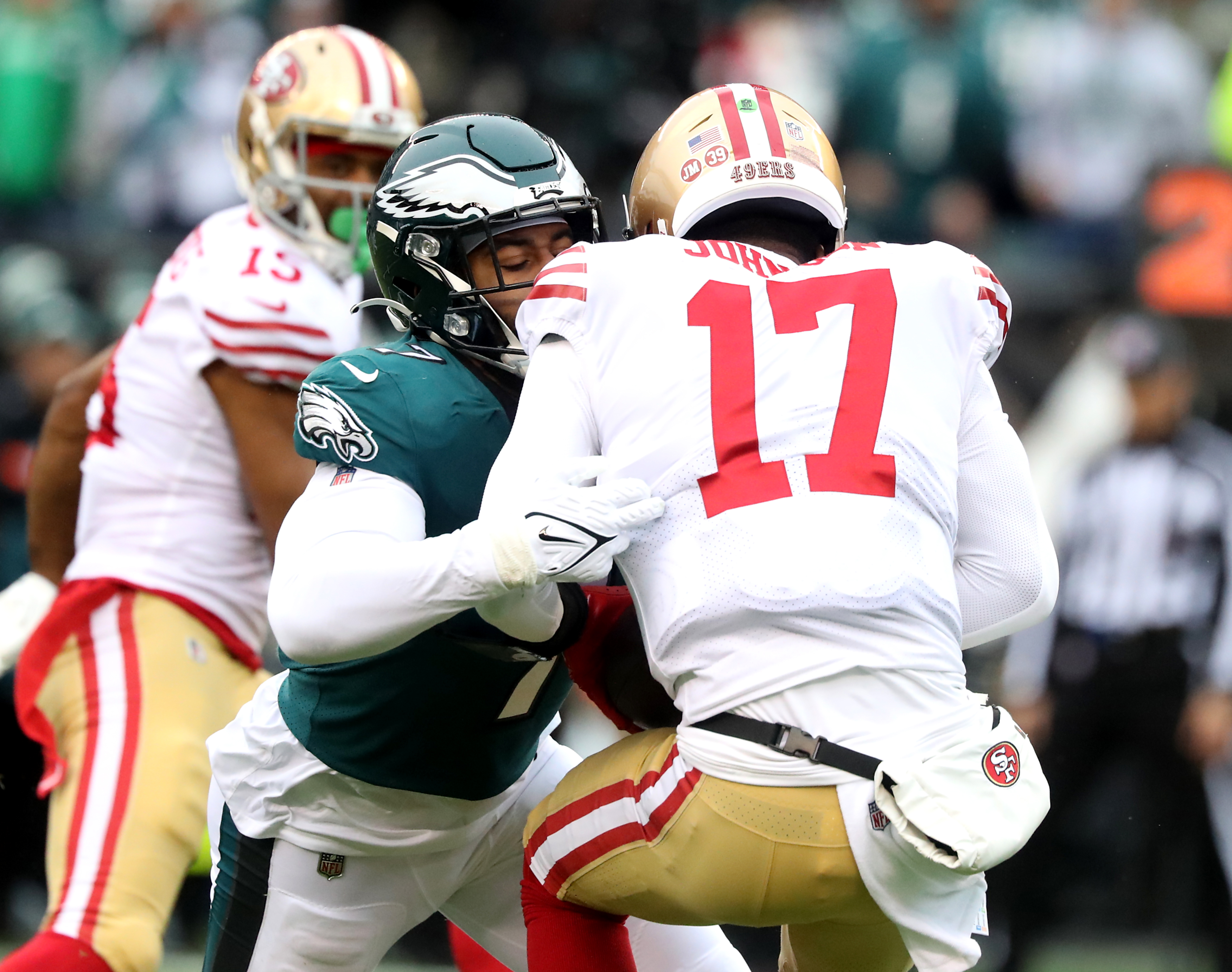 San Francisco 49ers quarterback Josh Johnson (17) warms up during