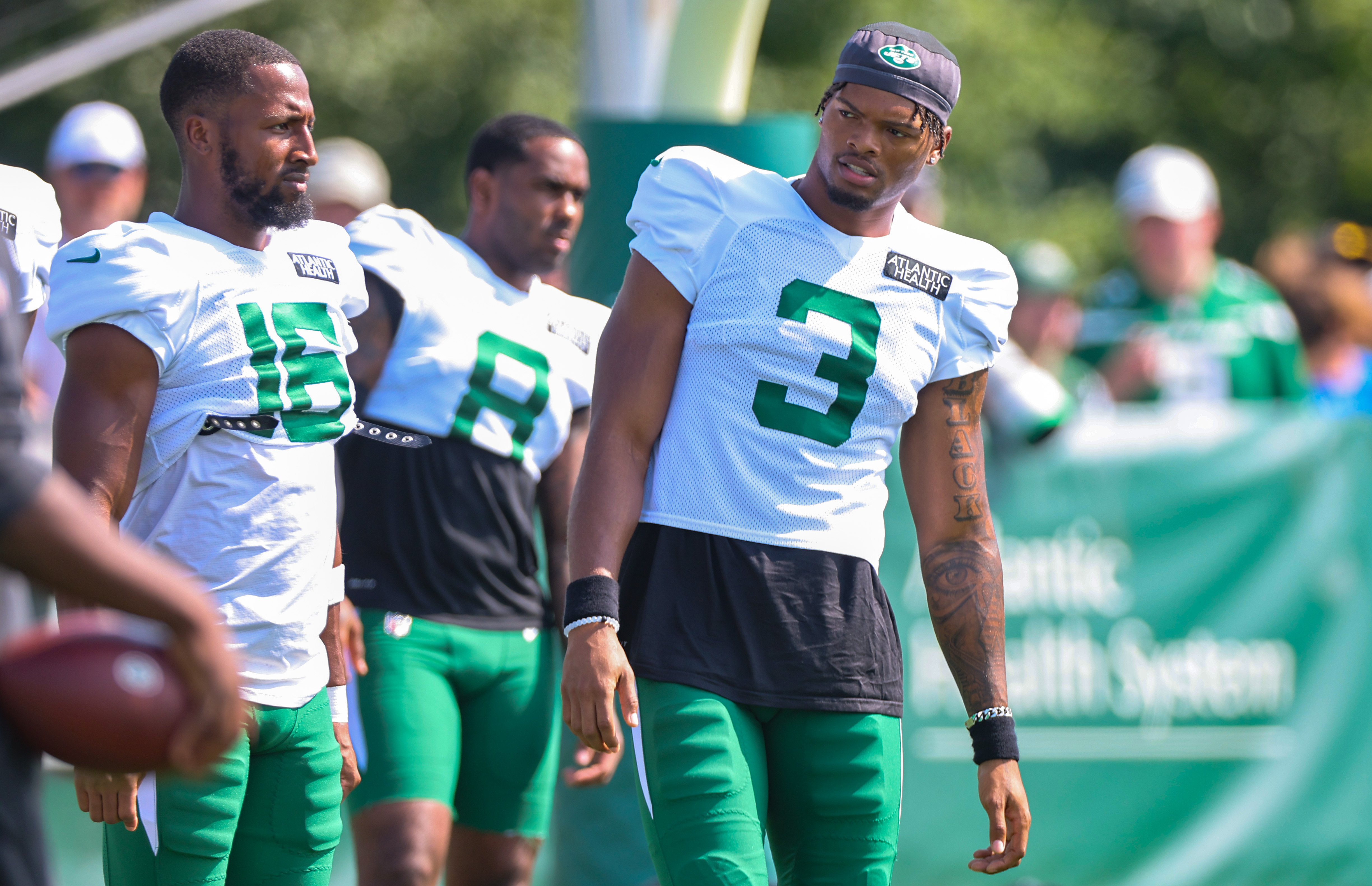 Florham Park, New Jersey, USA. August 2, 2022, Florham Park, New Jersey,  USA: New York Jets' linebacker Hamsah Nasirildeen (45) runs a drill during  Jets training camp at the Atlantic Health Jets