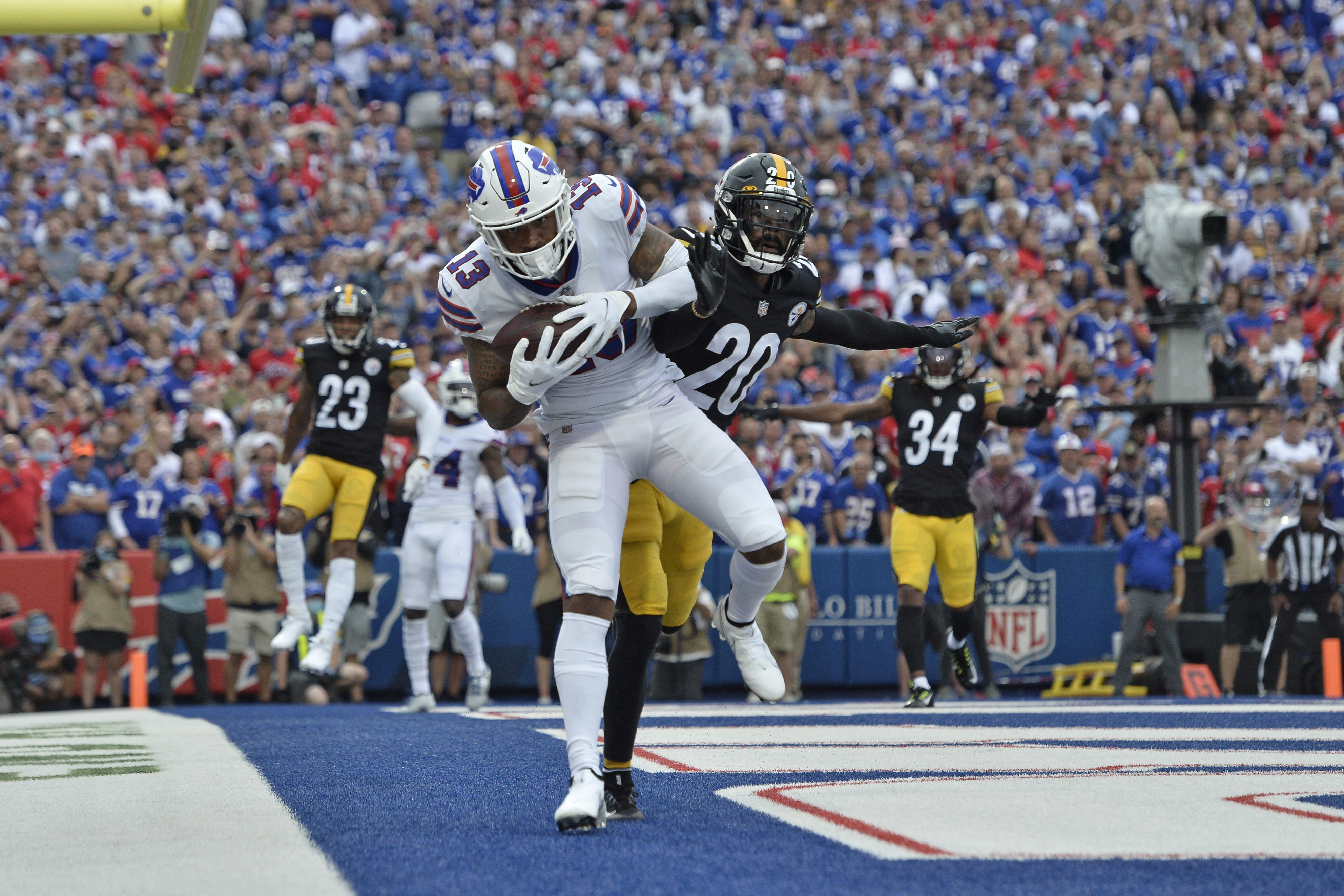 Buffalo Bills quarterback Josh Allen (17) throws a pass during the second  half of an NFL football game against the Pittsburgh Steelers in Orchard  Park, N.Y., Sunday, Sept. 12, 2021. The Steelers