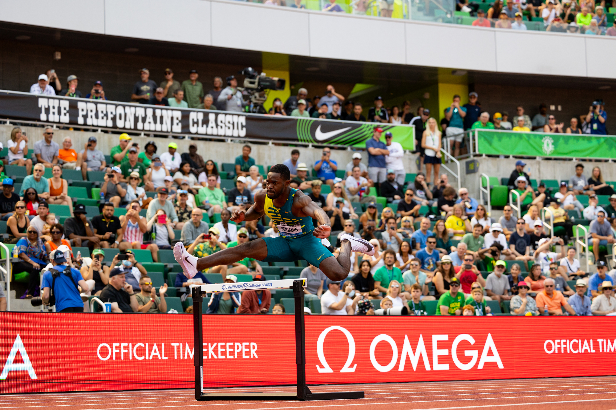 Rai Benjamin of the United States competes in the men’s 400-meter hurdles at the Prefontaine Classic track and field meet on Saturday, Sept. 16, 2023, at Hayward Field in Eugene. Benjamin won the event.