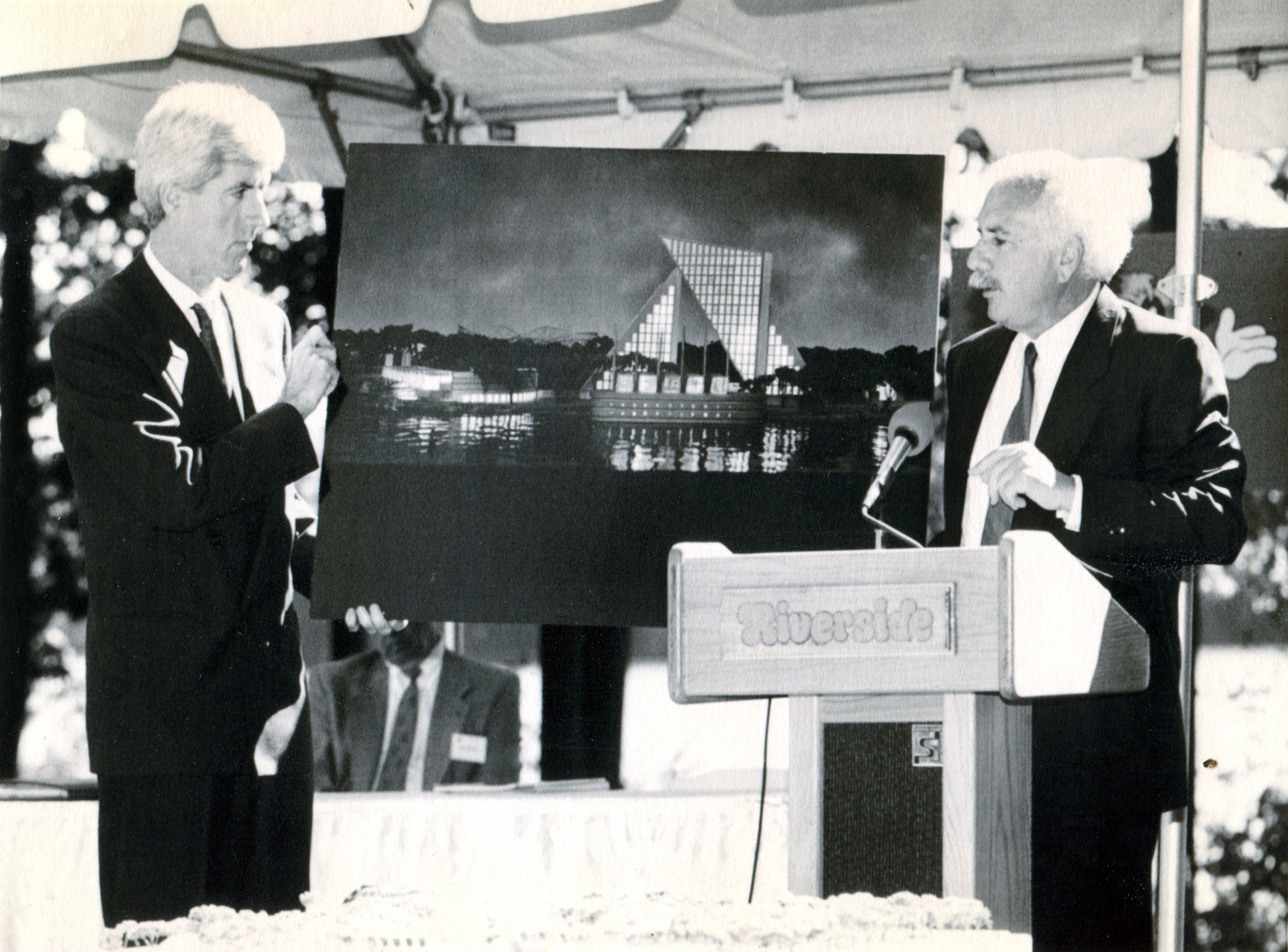 August 23, 1994  - Agawam - Riverside Park owner Ed Carroll, left, and architect Moshe Safdie display drawings and models of a proposed casino at the park. (Republican file photo) Staff-Shot