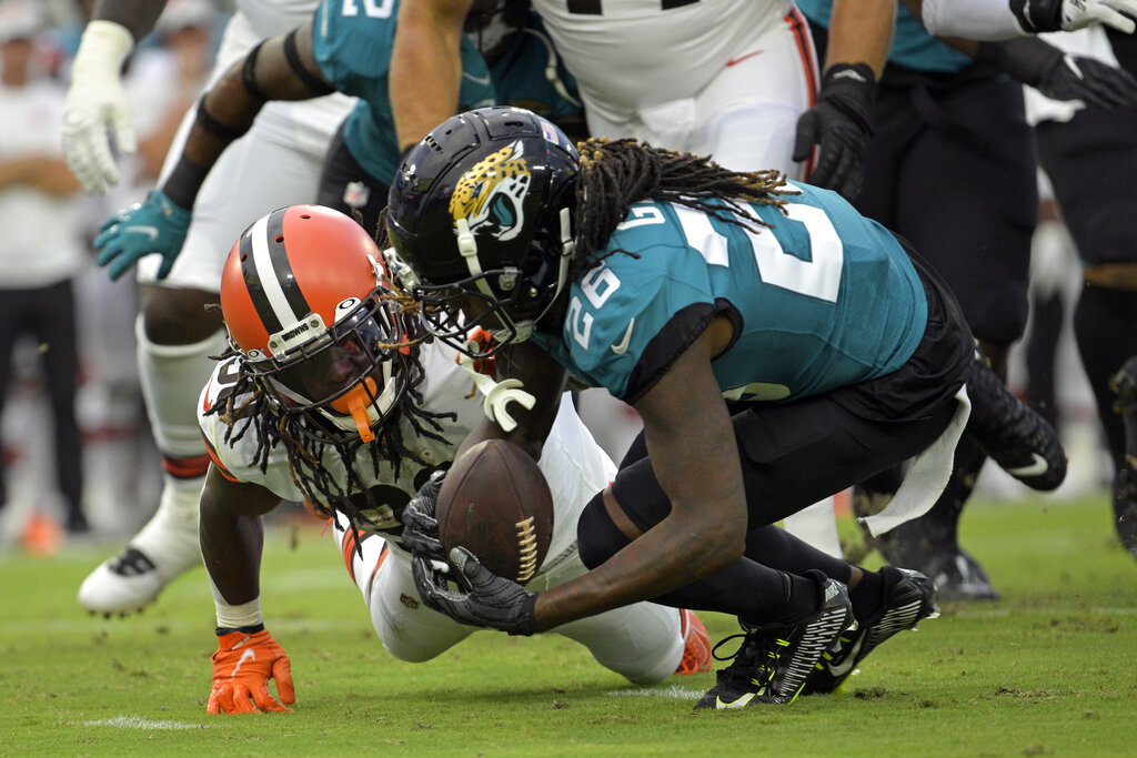 Cleveland Browns wide receiver Travell Harris (83) walks off the field at  the end of an NFL preseason football game against the Jacksonville Jaguars,  Friday, Aug. 12, 2022, in Jacksonville, Fla. The