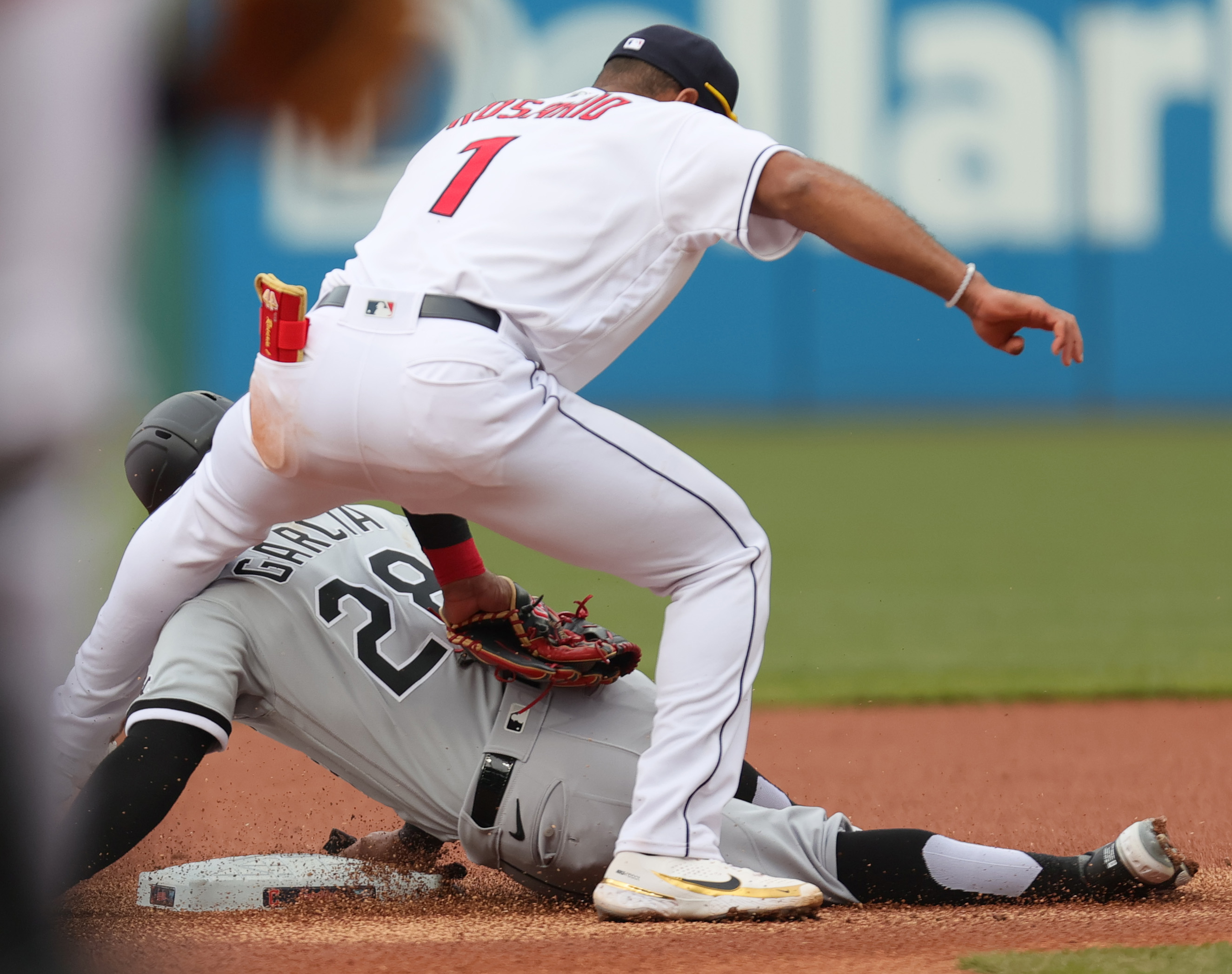 Cleveland, USA. 21st Apr, 2022. Chicago White Sox's Leury Garcia (28)  throws to first base against the Cleveland Guardians in the sixth inning at  Progressive Field in Cleveland, Ohio on Thursday, April