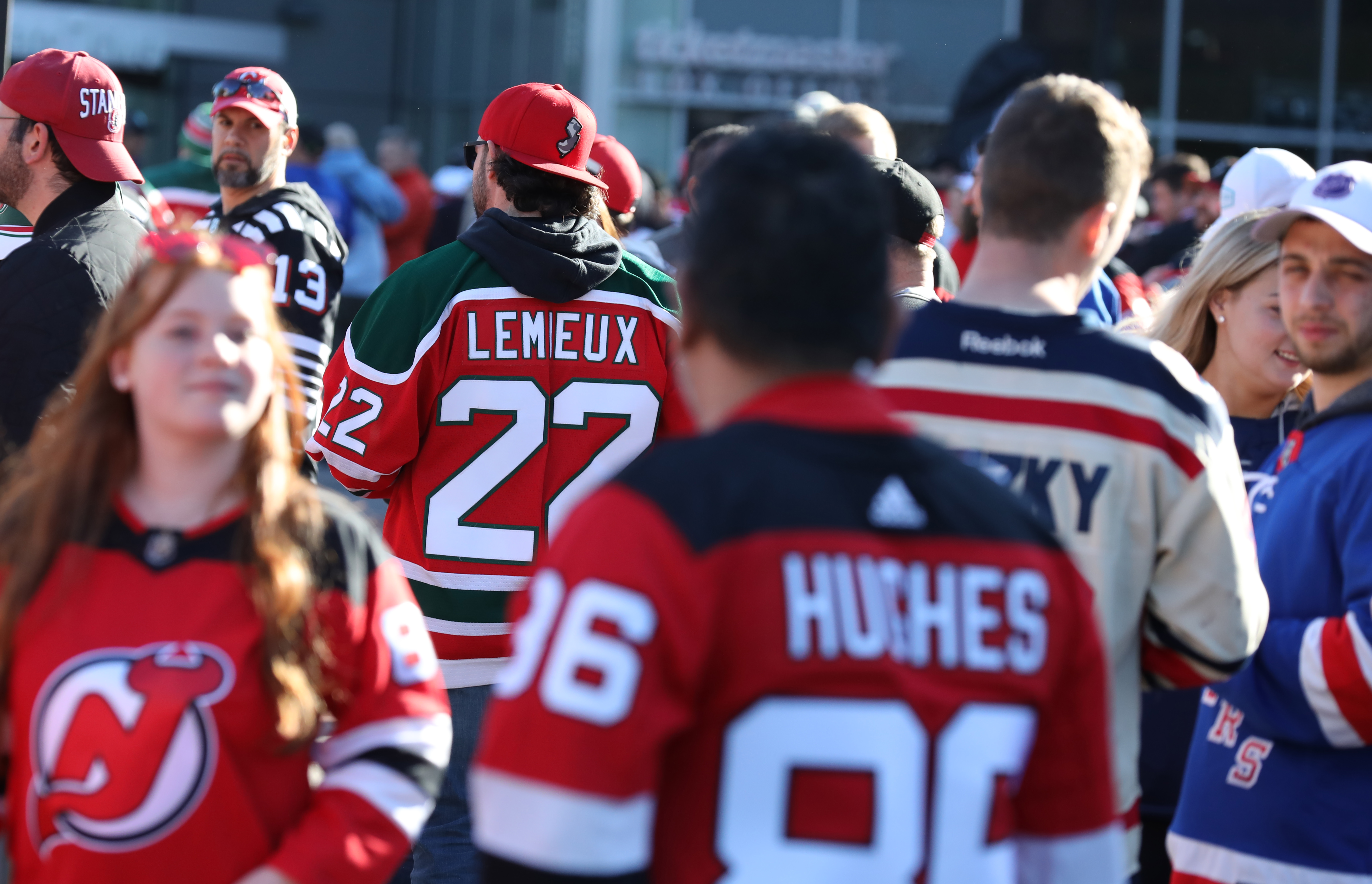 An old school Claude Lemieux jersey outside Prudential Center as the New Jersey Devils and New York Rangers play Game 1 of the opening round of the Stanley Cup playoffs on Tuesday, April 18, 2023 in Newark, N.J. 