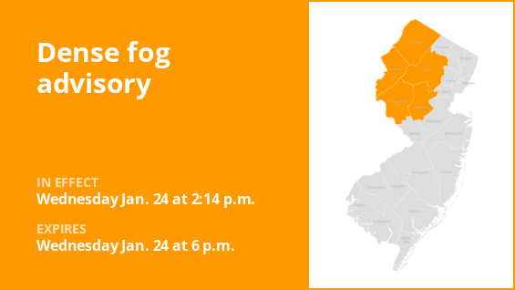 A dense fog warning has been issued for five New Jersey counties through Wednesday evening