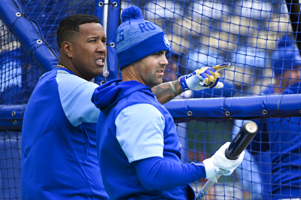 Apr 07, 2022: Kansas City Royals Andrew Benintendi (16) and Michael A.  Taylor (2) receive their gold glove awards from the 2021 season at pregame  at Kauffman Stadium Kansas City, Missouri. The