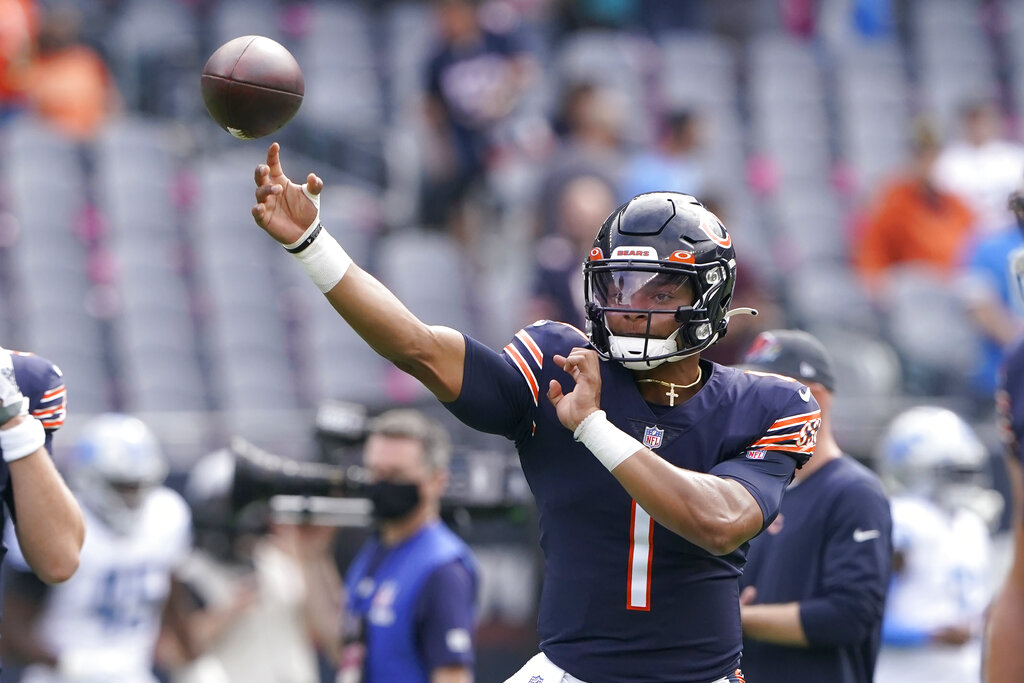 Chicago Bears defensive tackle Bilal Nichols (98) celebrates fumble  recovery during the first half of an NFL football game against the Detroit  Lions, Sunday, Oct. 3, 2021, in Chicago. (AP Photo/Kamil Krzaczynski