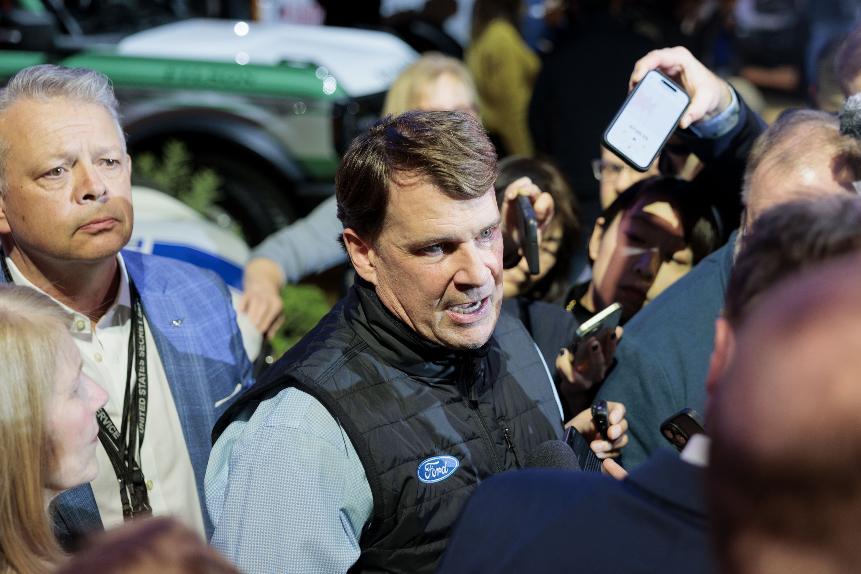 Ford CEO Jim Farley speaks with media after a Ford Motor Company event ahead of the Detroit Auto Show at Huntinton Place in Detroit on Tuesday, Jan. 13 2026.