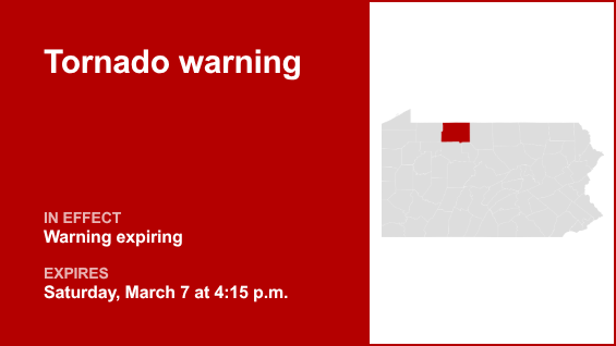Update: The current tornado warning for McKean County will be