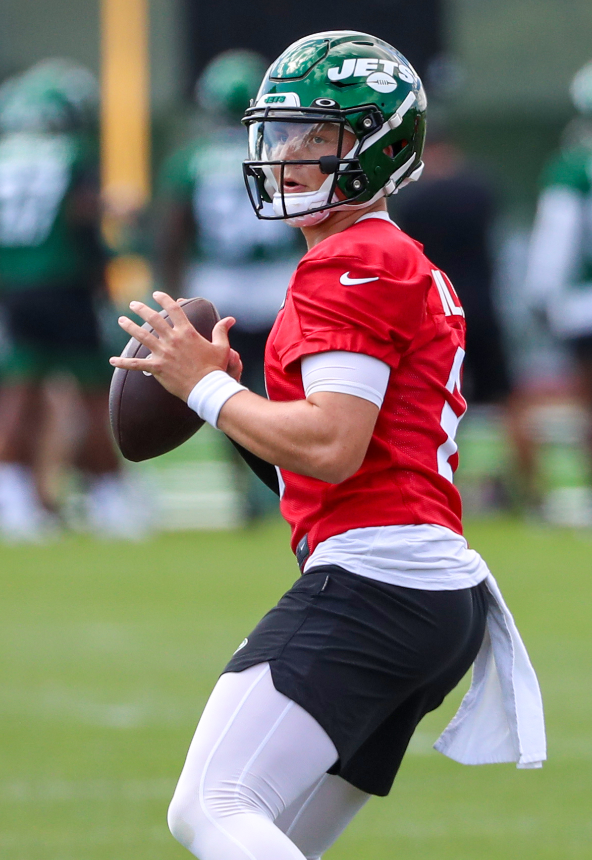 New Jersey, USA. 30th July, 2021. July 30, 2021, Florham Park, New Jersey,  USA: New York Jets quarterback Mike White (5) during practice at the  Atlantic Health Jets Training Center, Florham Park