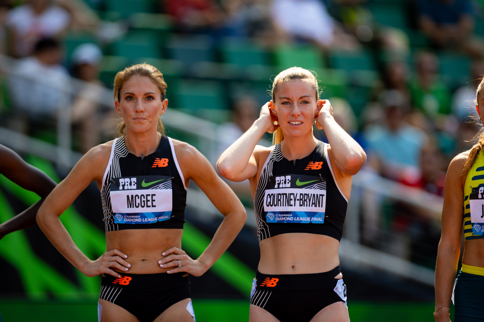 Cory Ann McGee (left) of the United States and Melissa Courtney-Bryant of Great Britain line up for the women’s 1,500 meters at the Prefontaine Classic track and field meet on Saturday, Sept. 16, 2023, at Hayward Field in Eugene.