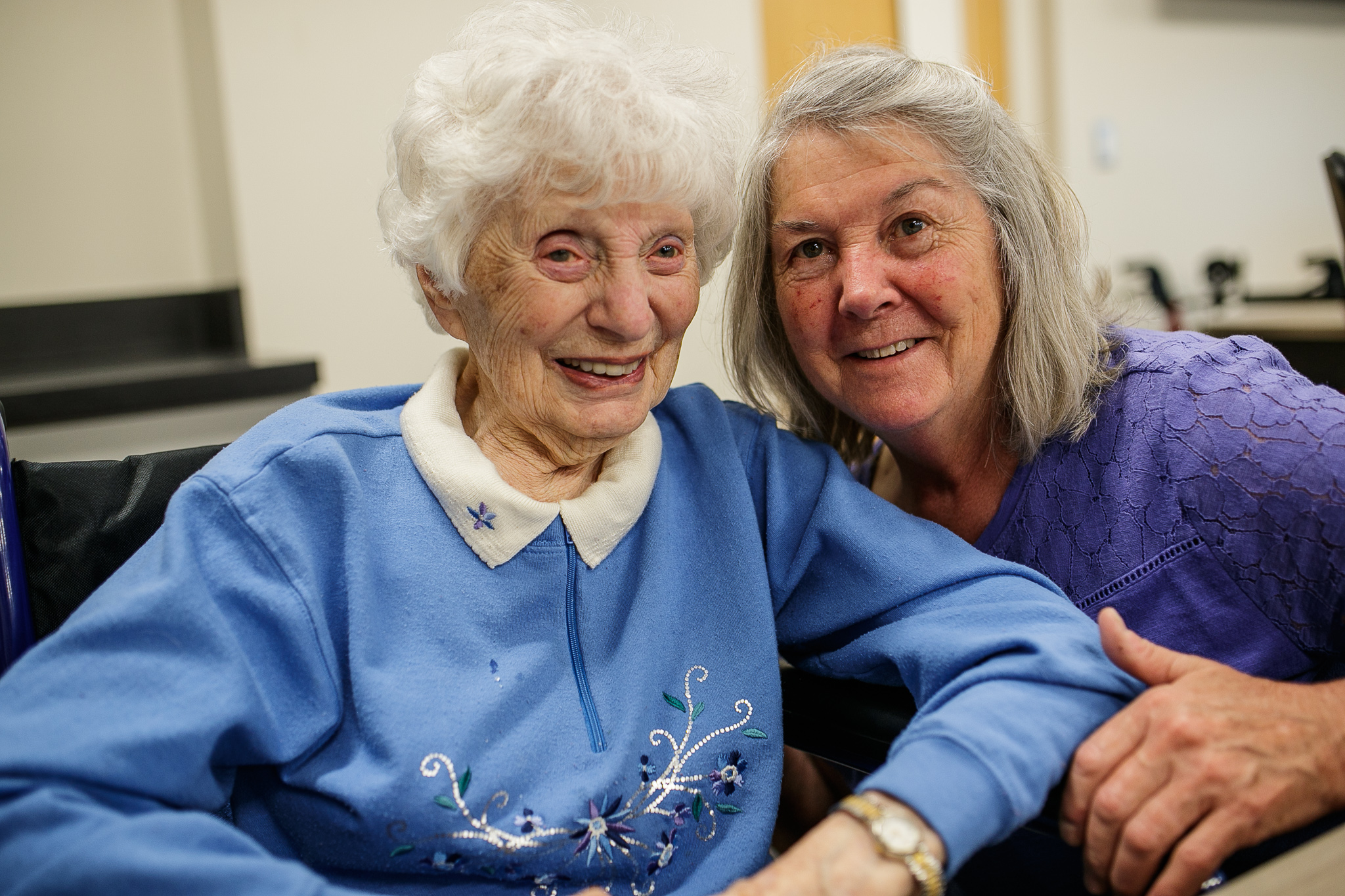 Pictured left to right: Mary Evatt Gainor and her niece Ginny Evatt Knag pose for a portrait during the Perry Center Centennial Event in Grand Blanc on Saturday, May 14, 2022. (Jenifer Veloso | MLive.com)