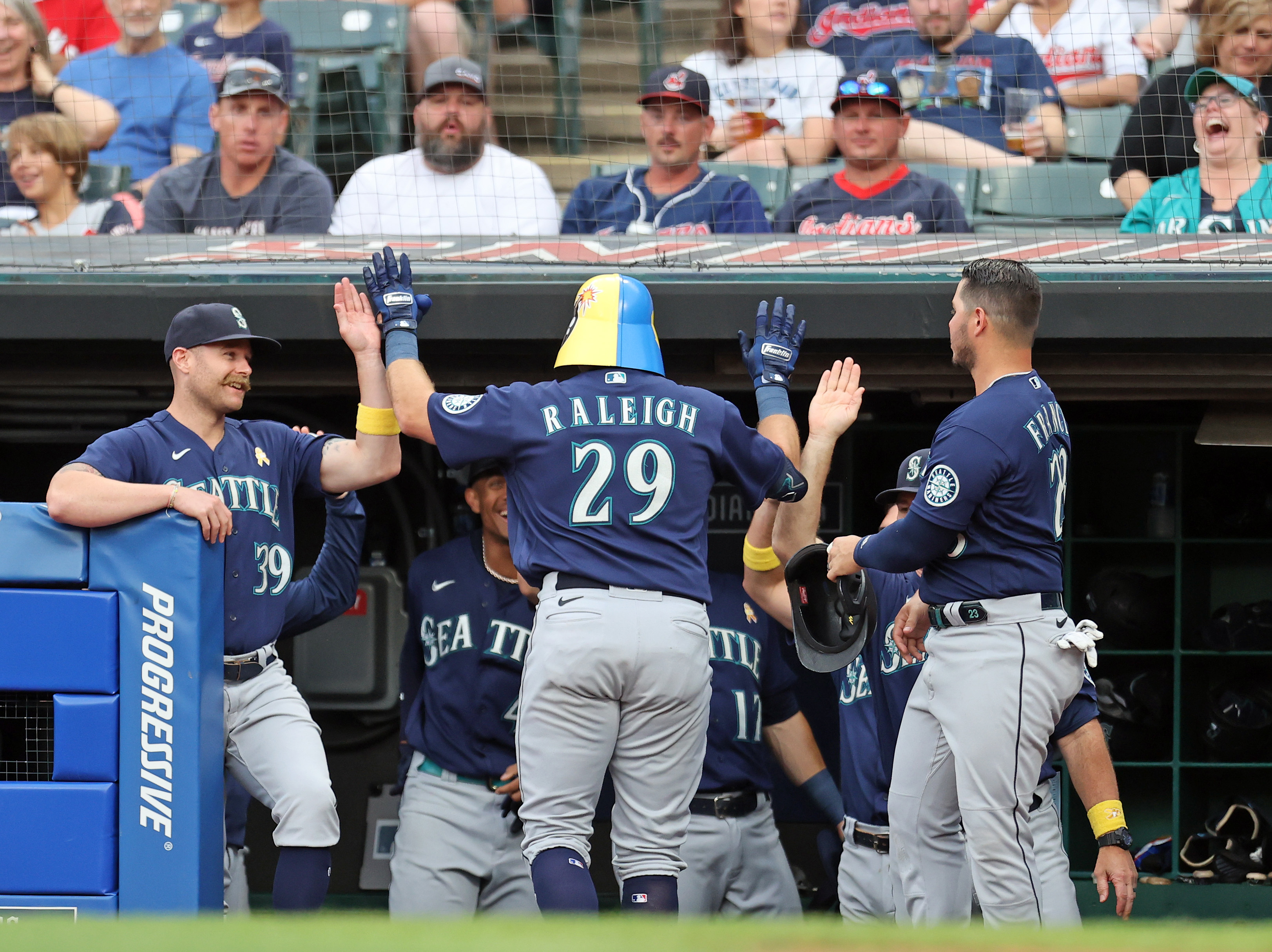 Seattle Mariners designated hitter Cal Raleigh (29) celebrates