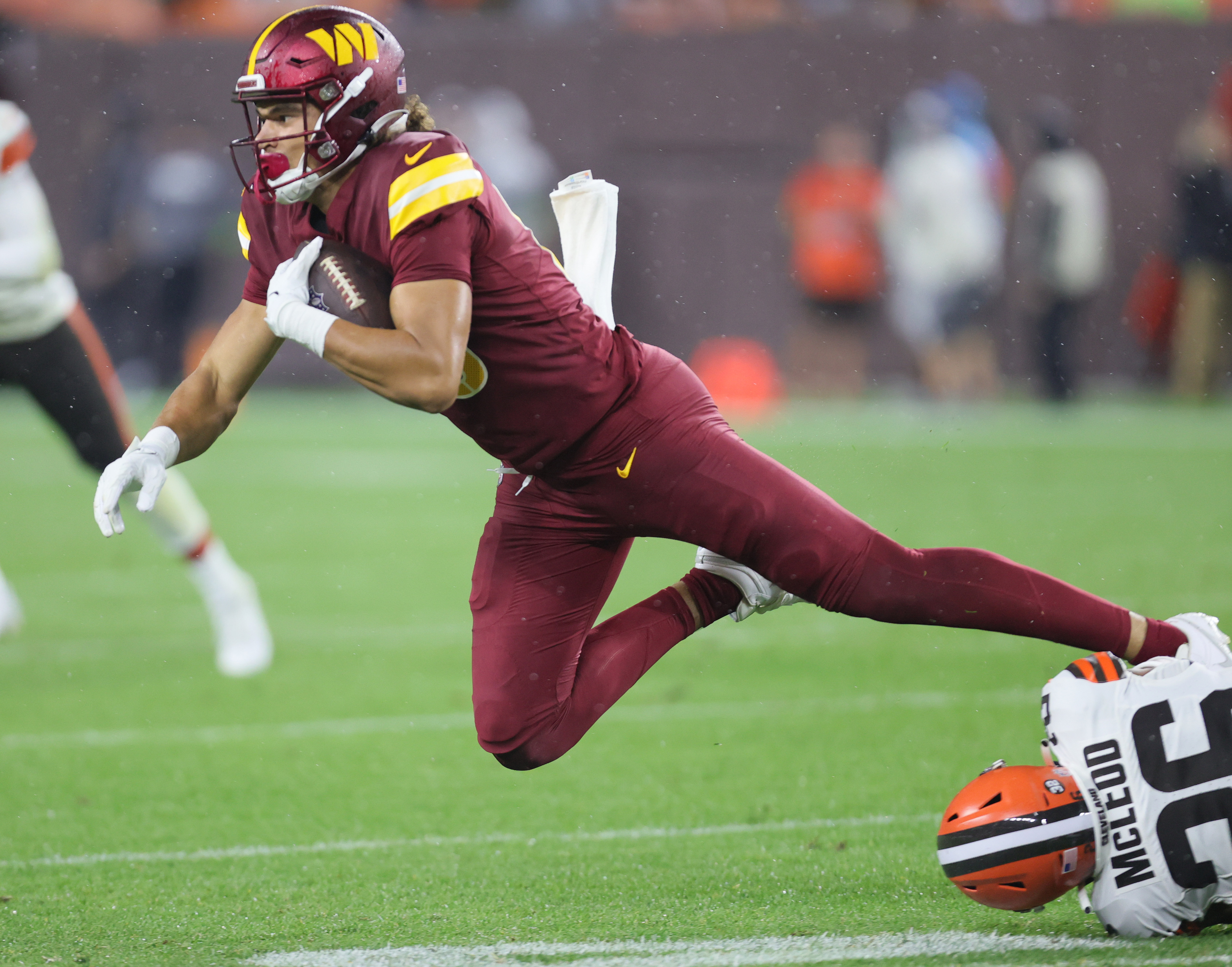 Cleveland Browns defensive back Cameron Mitchell (29) lines up for a play  during an NFL pre-season football game against the Washington Commanders,  Friday, Aug. 11, 2023, in Cleveland. (AP Photo/Kirk Irwin Stock